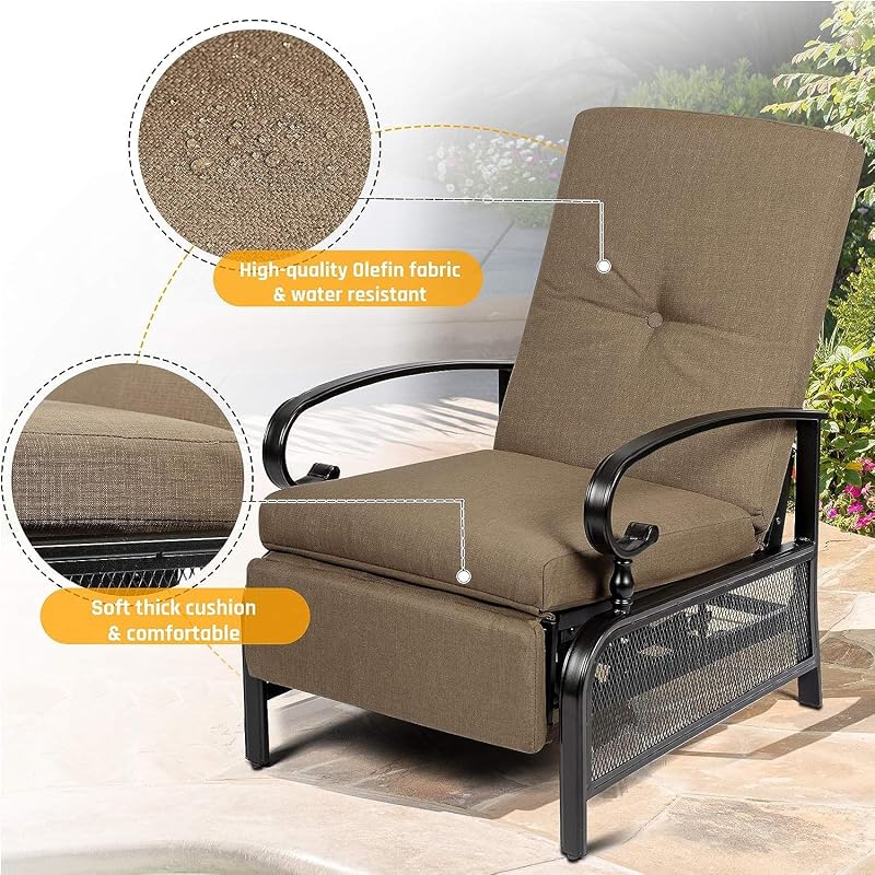SUNCROWN Outdoor Adjustable Recliner Chair for Patio - A Relaxing Outdoor Metal Furniture Chair with Thick Cushion, Brown image 6