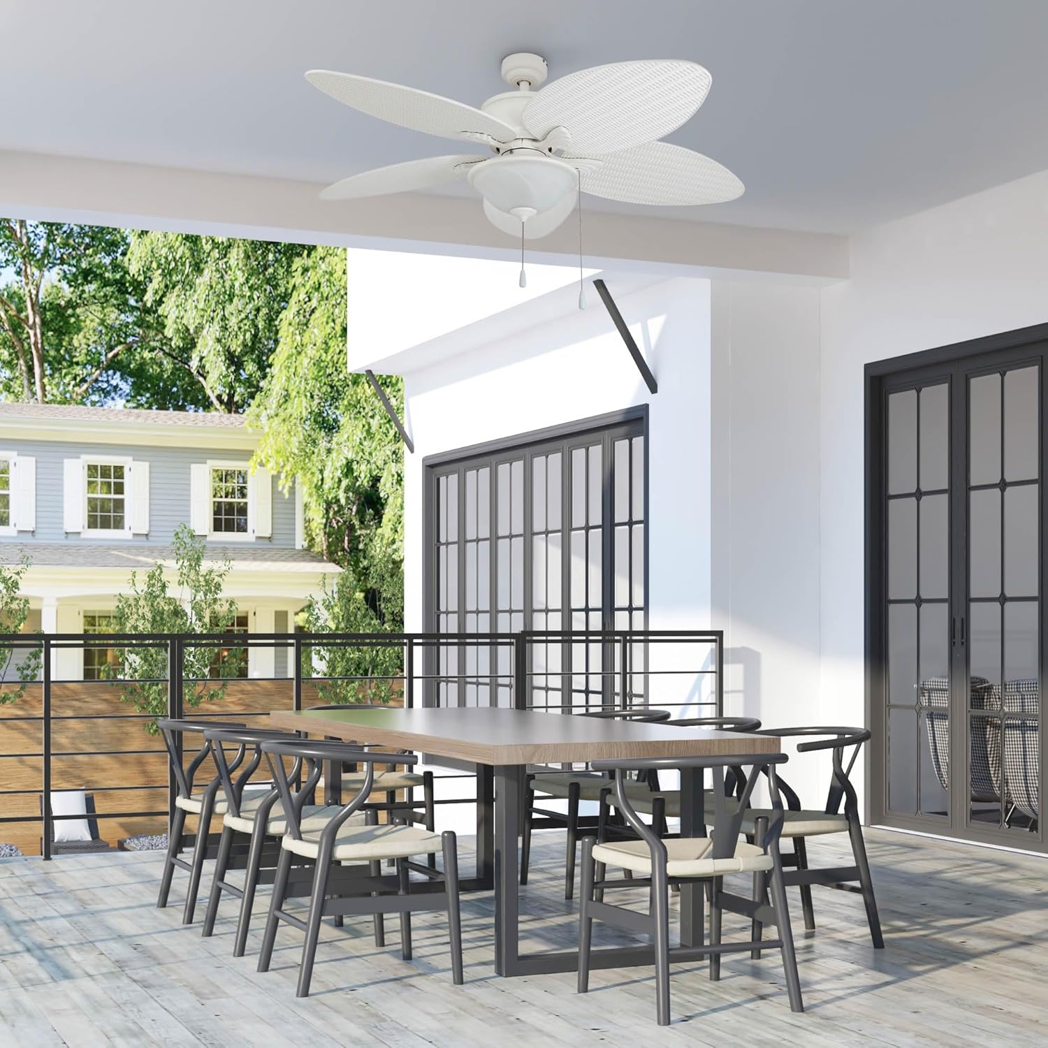 Prominence Home Solana, 52 Inch Tropical Indoor Outdoor Ceiling Fan with Light, Pull Chain, Three Mounting Options, Weather Resistant Palm Leaf Blades - 80018-01 (White)