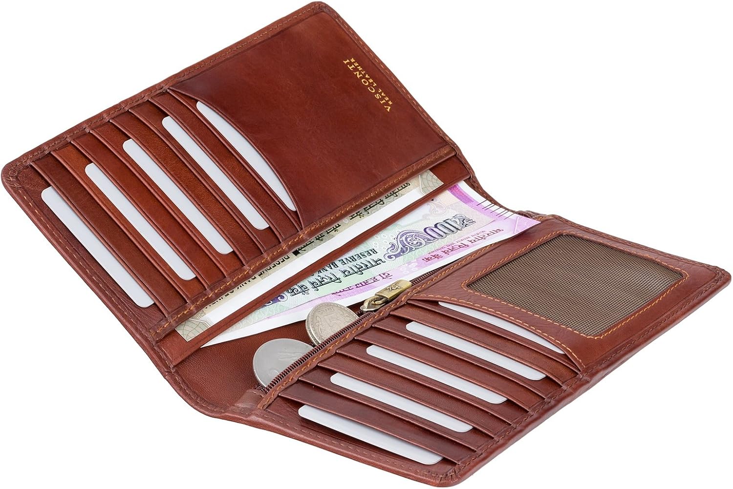 VISCONTI, Men’s Tan, Veg Leather Wallet, RFID Protection for Credit Cards Notes & ID, 16 Card Slots, 4 Note Sections - Image 4