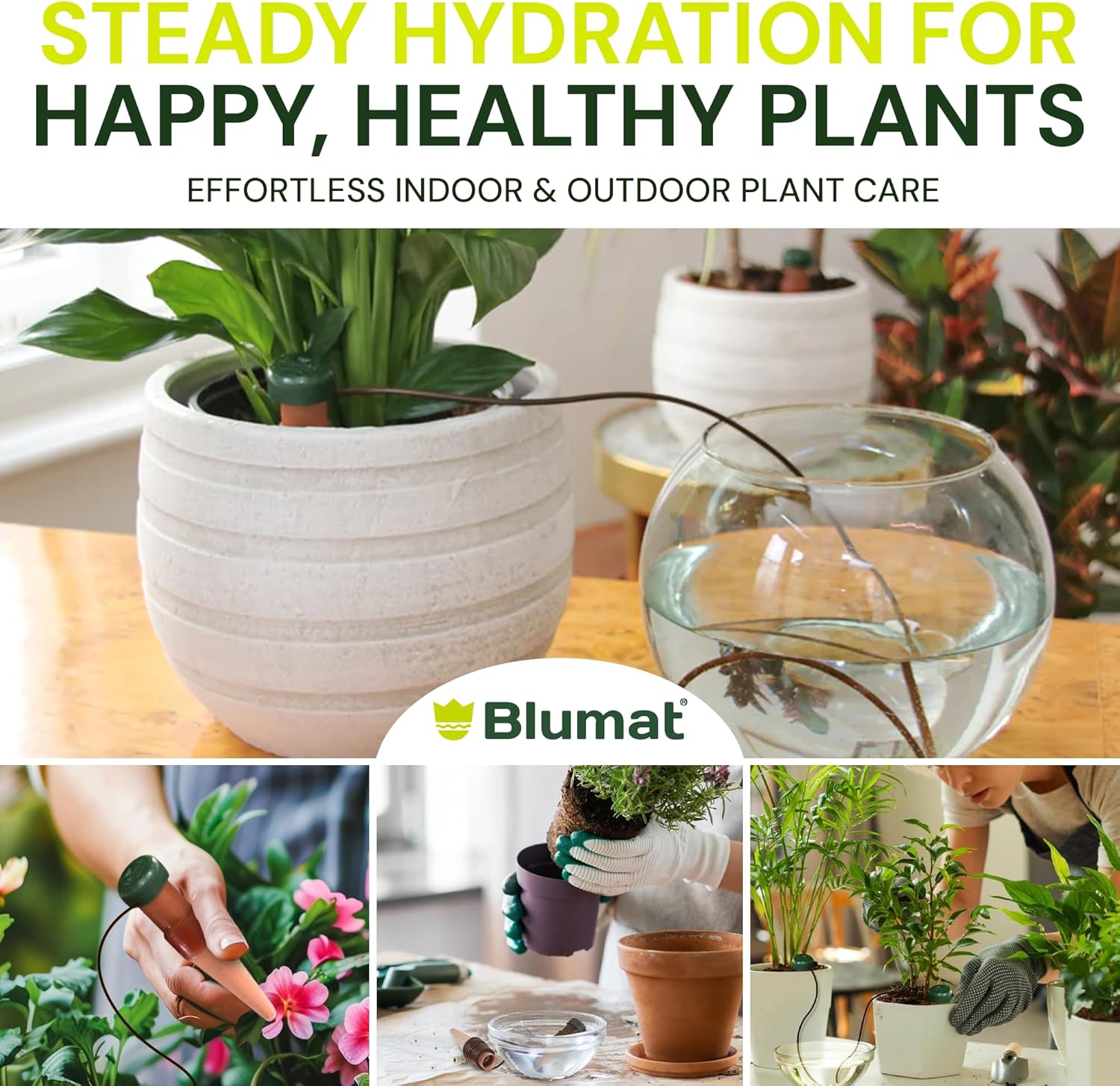 Blumat Classic Self-Watering Stakes - Prevents Overwatering and Underwatering for Healthy Growth While You are Away - Ideal for Indoor Plant Watering, 9 Pack, w Adapter