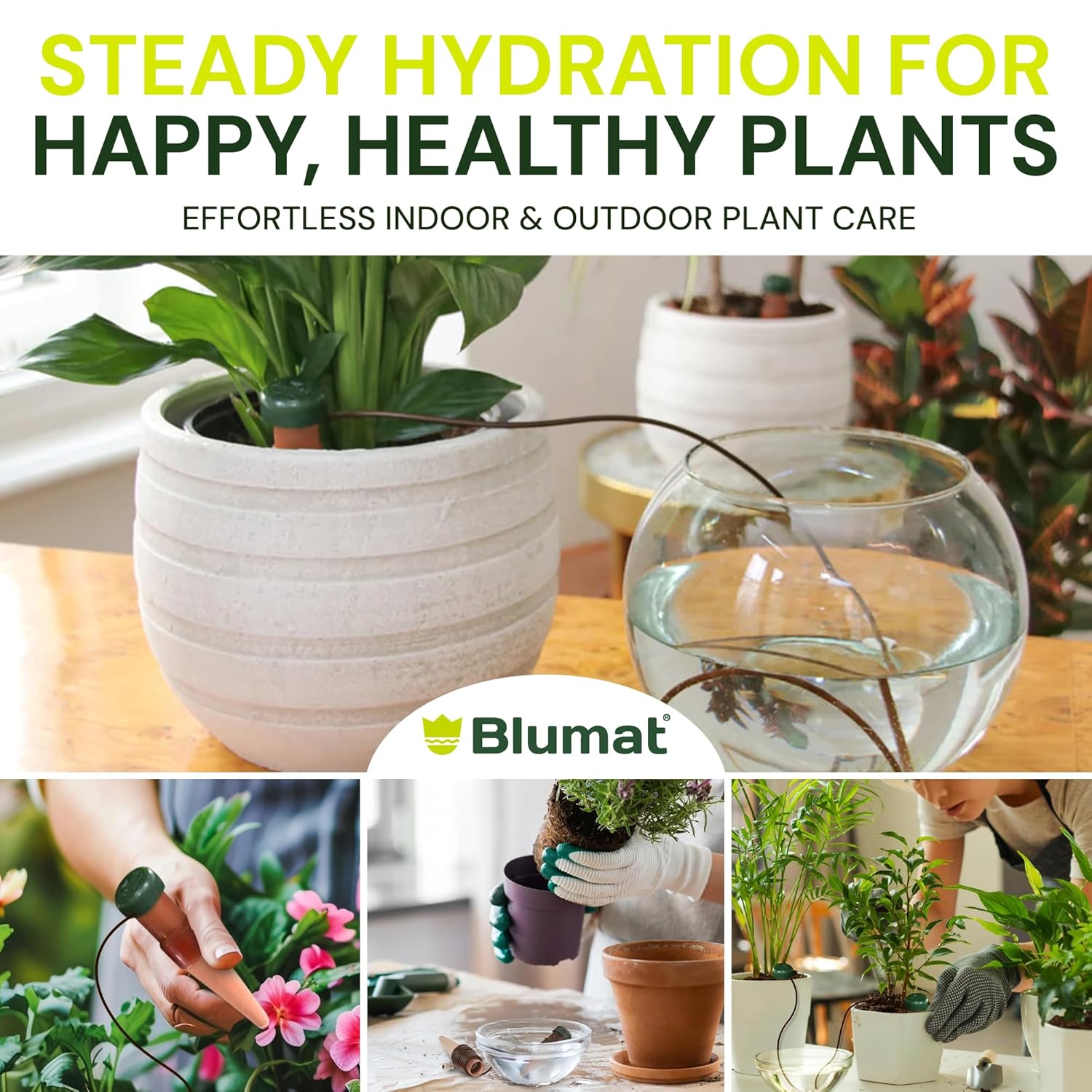 Blumat Classic Self-Watering Stakes - Prevents Overwatering and Underwatering for Healthy Growth While You are Away - Ideal for Indoor Plant Watering, 5 Pack, w Adapter