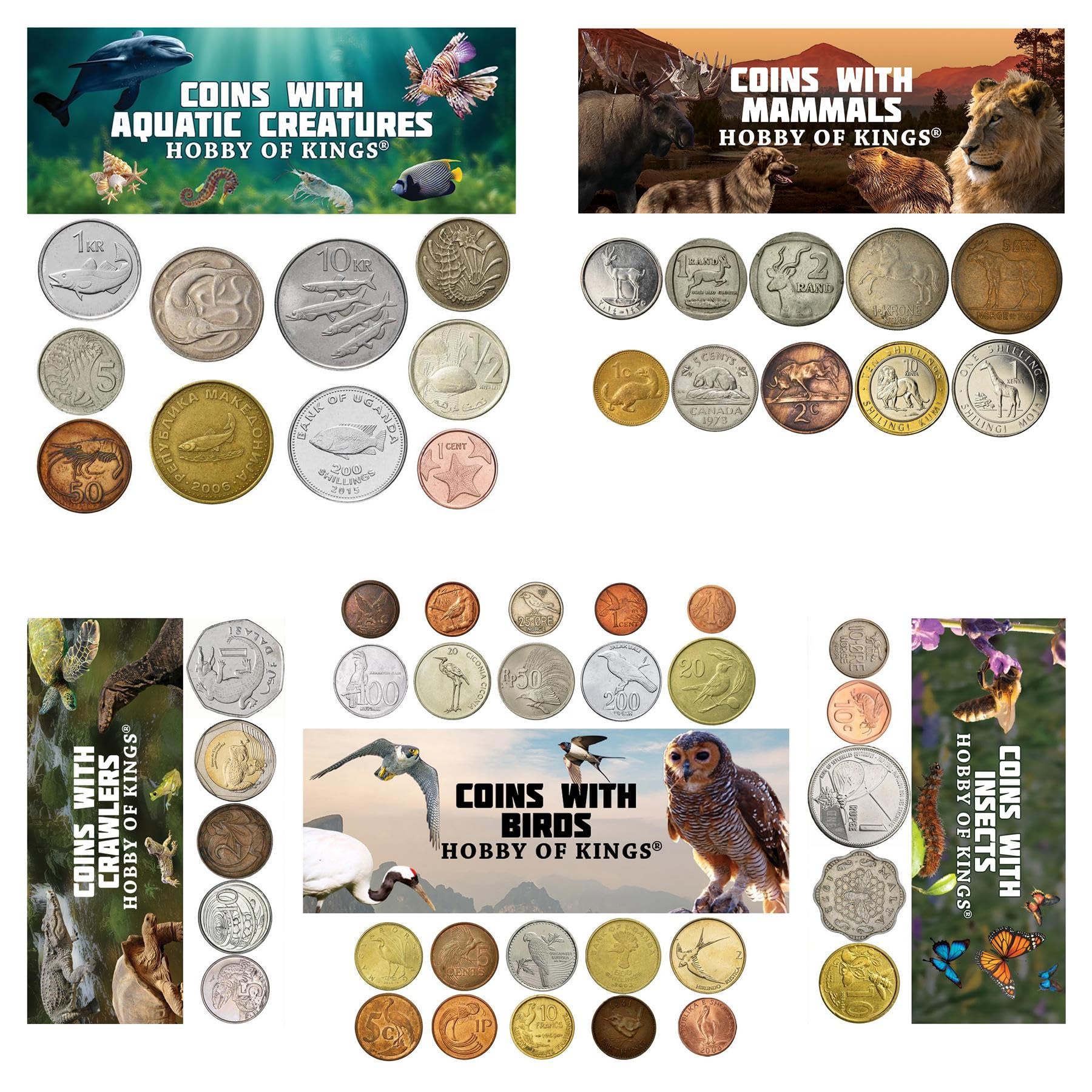 Animal Coins Collection - 50 Different Coins - European, Asian, American, and African Wildlife - Birds, Mammals, Marine Animals
