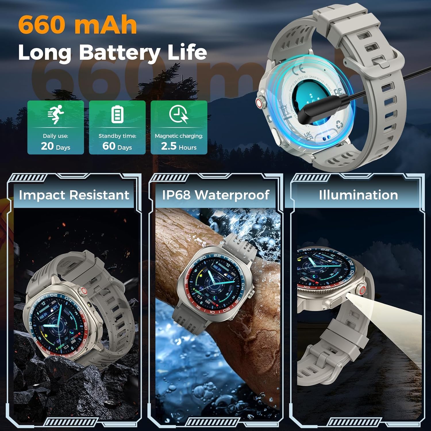 uaue Smartwatch Uomo, Orologio Smartwatch Uomo con Militari Fitness Tracker con Contapassi/Sonno/Cardiofrequenzimetro, IP68 Smart Watch per Android iOS