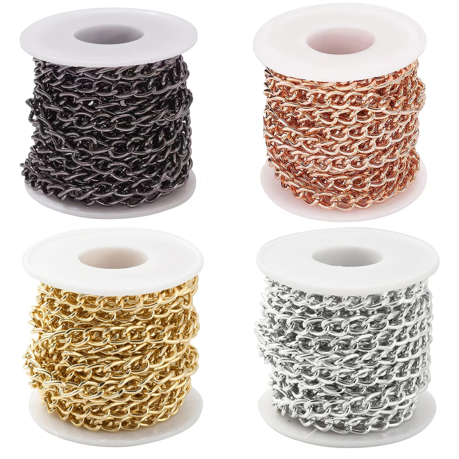 N/C 65.6 Feet Aluminum Curb Chains Twisted Links Cross Cable Golden & Silver Rose Gold Gunmetal with Spool for Pendant Necklace Jewelry Making