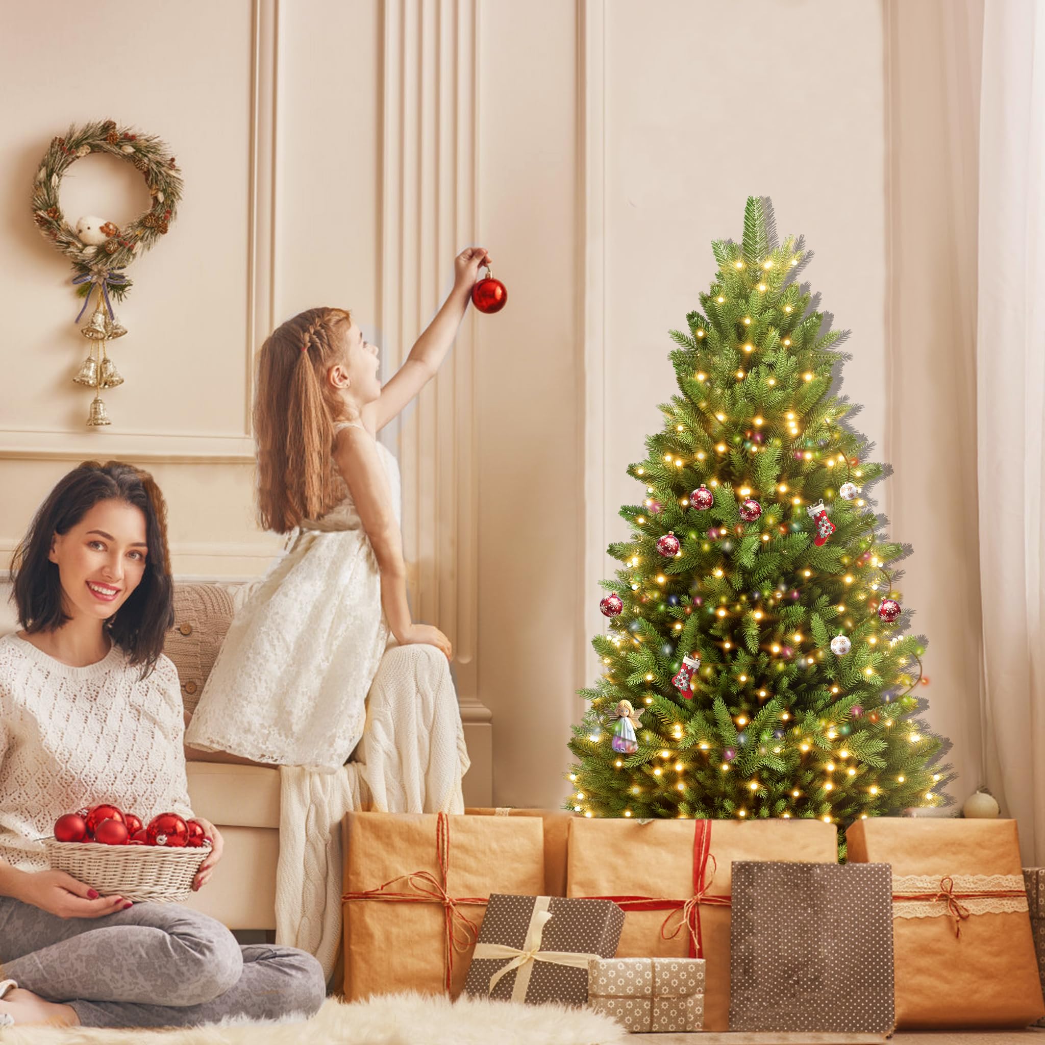 LZQ Sapin de Noël artificiel avec support en bois - Avec éclairage - Avec branches et lumière LED chaude - Pour décoration de Noël - Intérieur et extérieur - 150 cm