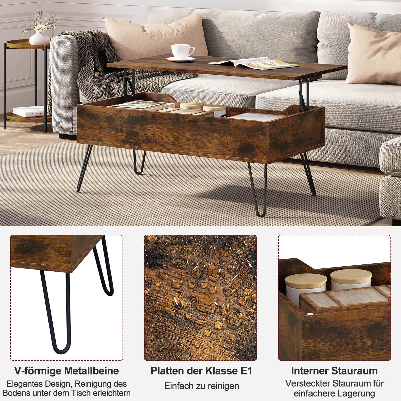 WOLTU Tavolino da Salotto, Tavolino da caffè Sollevabile, con Scomparto Nascosto, Stile Industriale, 95x50x(40-55,5) cm, Marrone Rustico + Nero