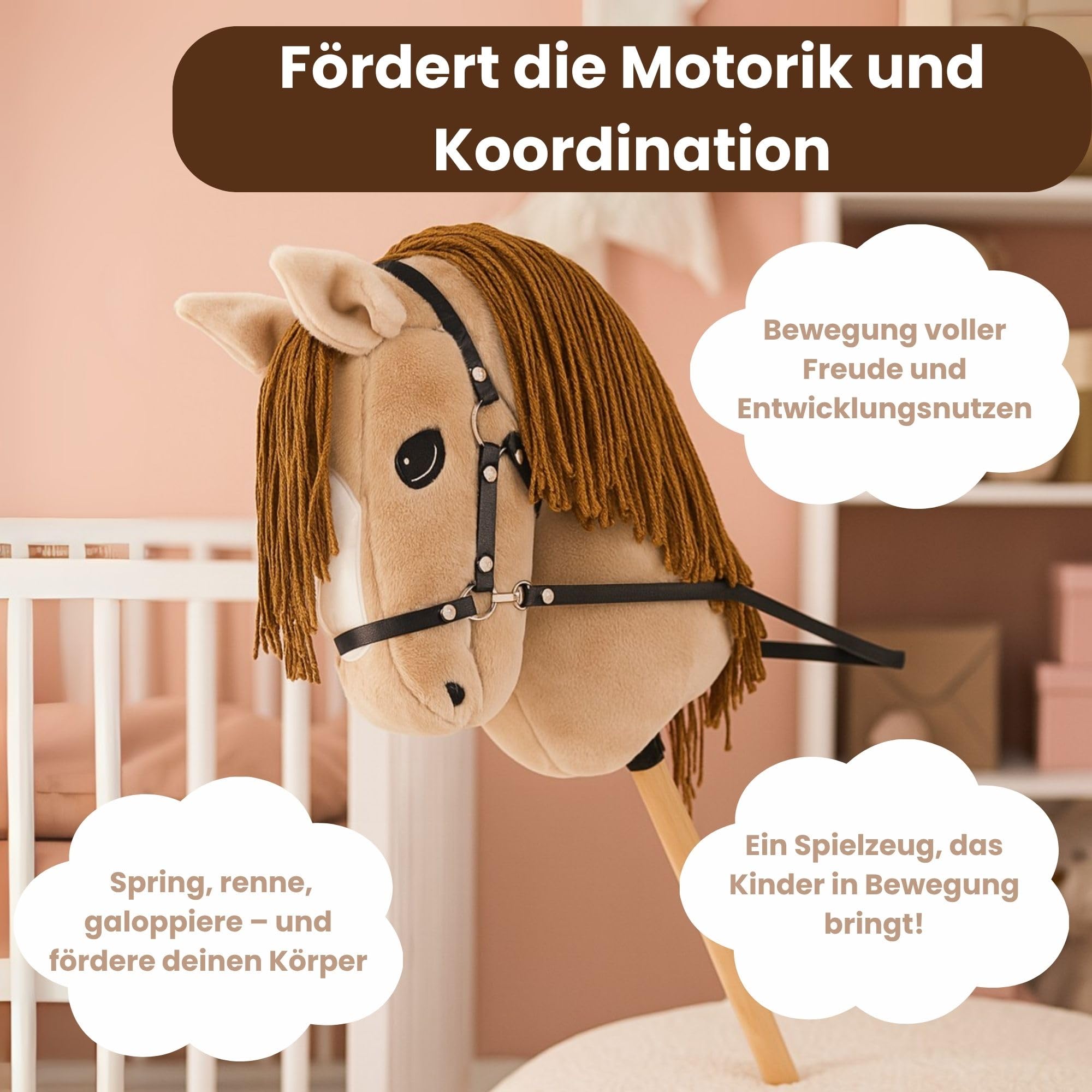 Start Hobby Horse Steckenpferd aus Plüsch mit Holzstock – Realistisches Stockpferd mit Langer Mähne zum Frisieren – Weiches Spielpferd für Kinder Hobby Horsing & Rollenspiele (Bonnie (Beige))