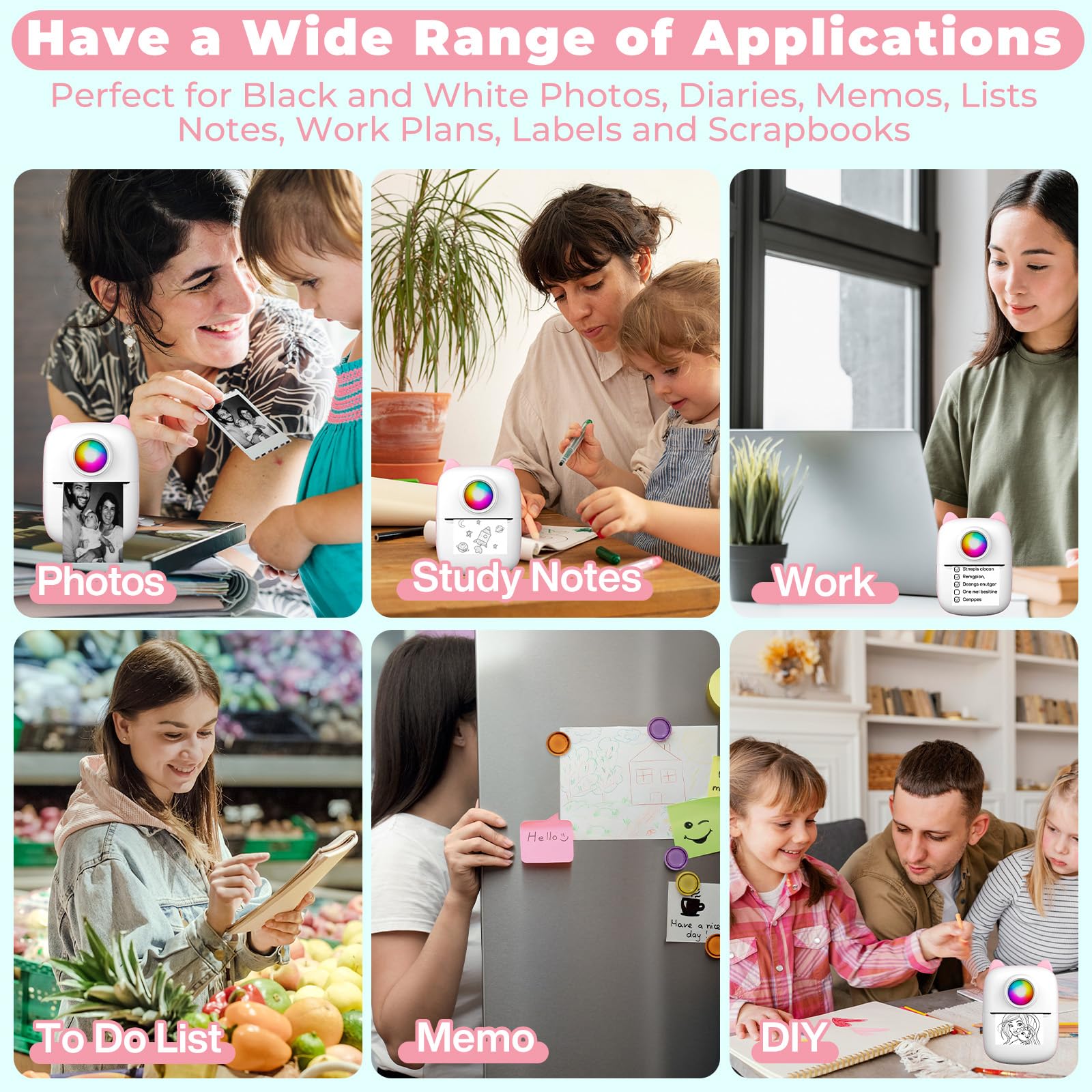 Mini Impresora para Movil, Impresora Termica Fotográficas, Impresora Mini Portátil Inalámbrico Compatible con iOS y Android para Fotos Nota (Rosa)