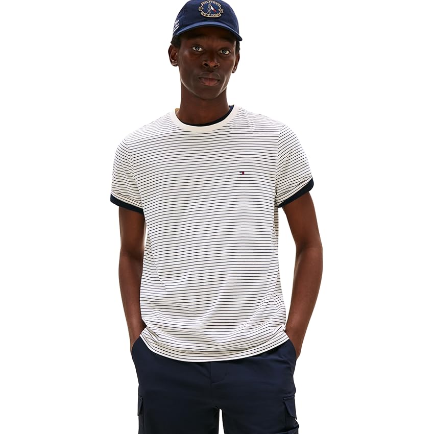 Tommy Hilfiger Uomo T-Shirt Maniche Corte Seasonal Solid Tee con Scollo Rotondo, Multicolore (Ivory Petal/Preppy Navy), XS