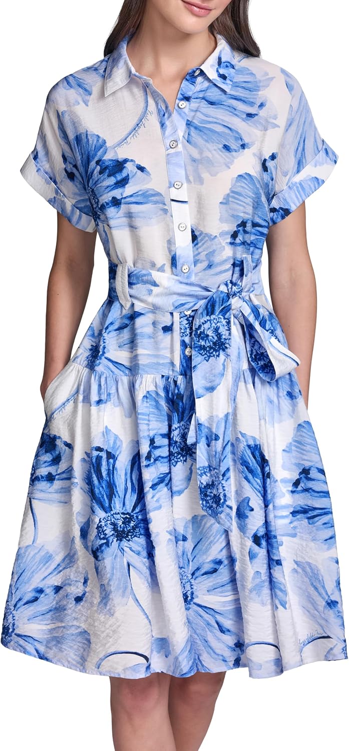 Karl Lagerfeld Women's Short Sleeve Collar Printed Ecovero Shirt Dress Sash Belt Dress