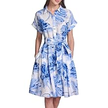 Karl Lagerfeld Women's Short Sleeve Collar Printed Ecovero Shirt Dress Sash Belt Dress