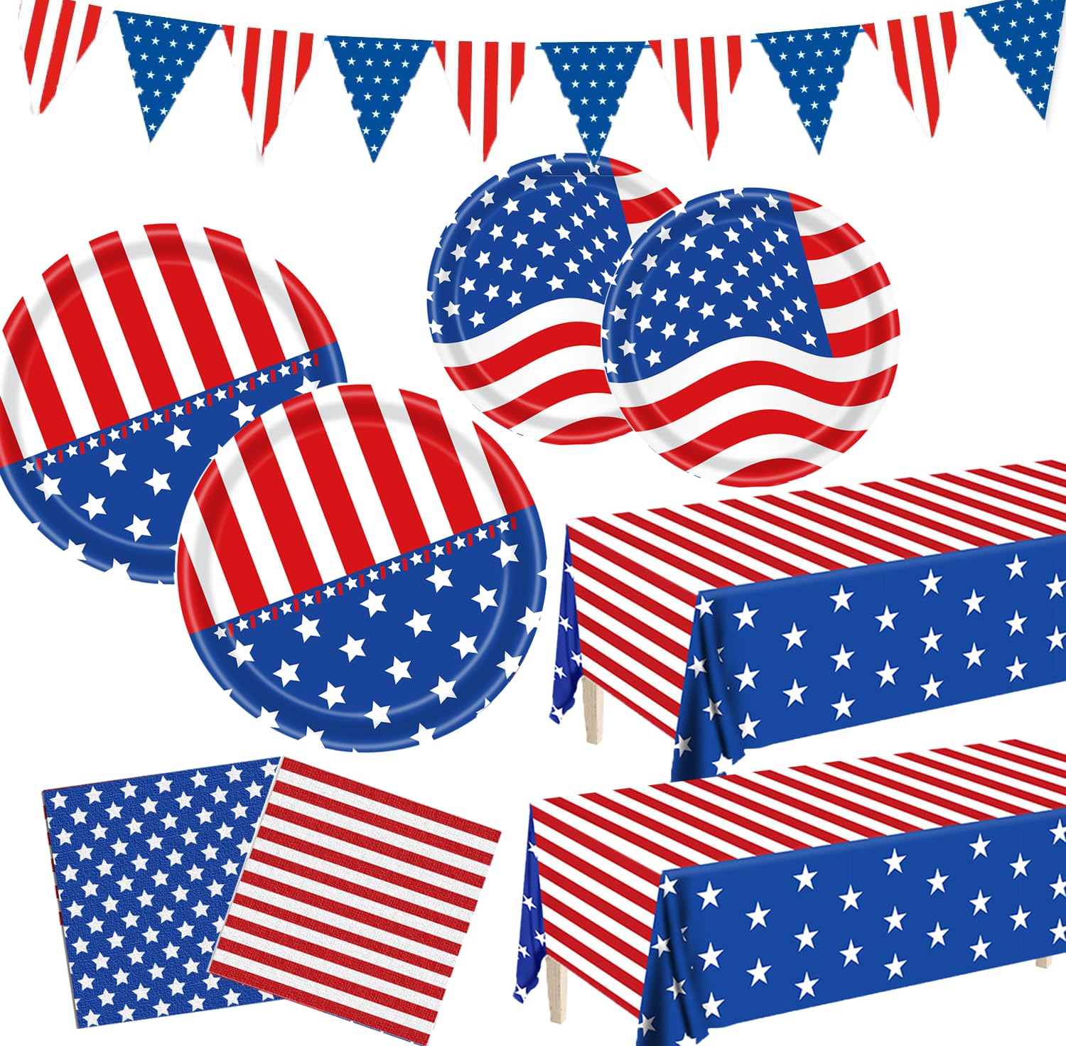 Patriotic Party Supplies, American Flag Patriotic Plates Party Decorations, 4th of July Paper Plates and Napkins, Tablecloths, Banner, Memorial Independence Day Red White Blue Decor Sets, Serve 25