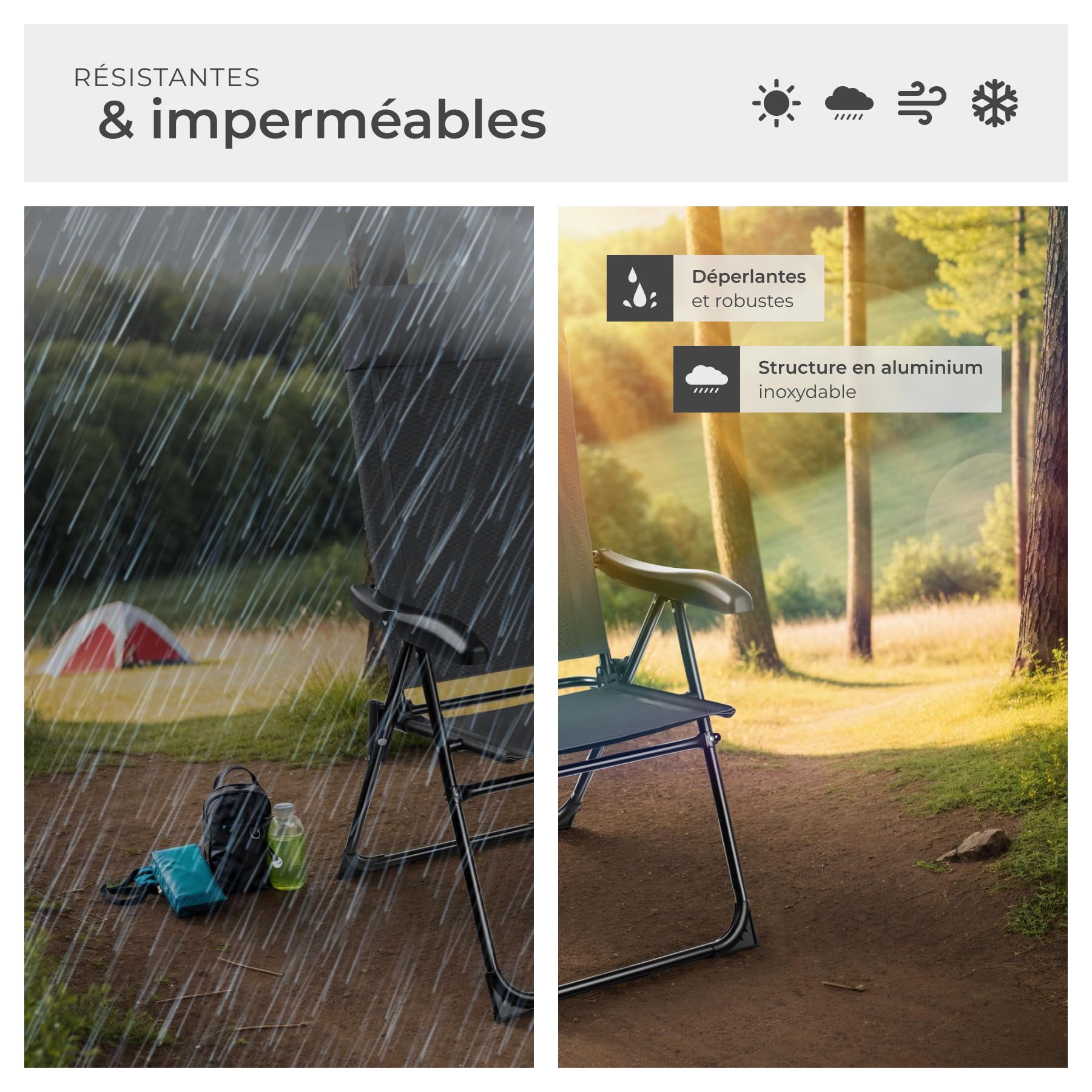 tectake® Lot de 2 Chaise Pliante Camping Fauteuil Pliable Gris Chaise de Plage Ultra léger en Aluminium avec Dossier inclinable & appuie-tête Idéal Voyages, Pêche, Festival, Camping, Plage, Jardin