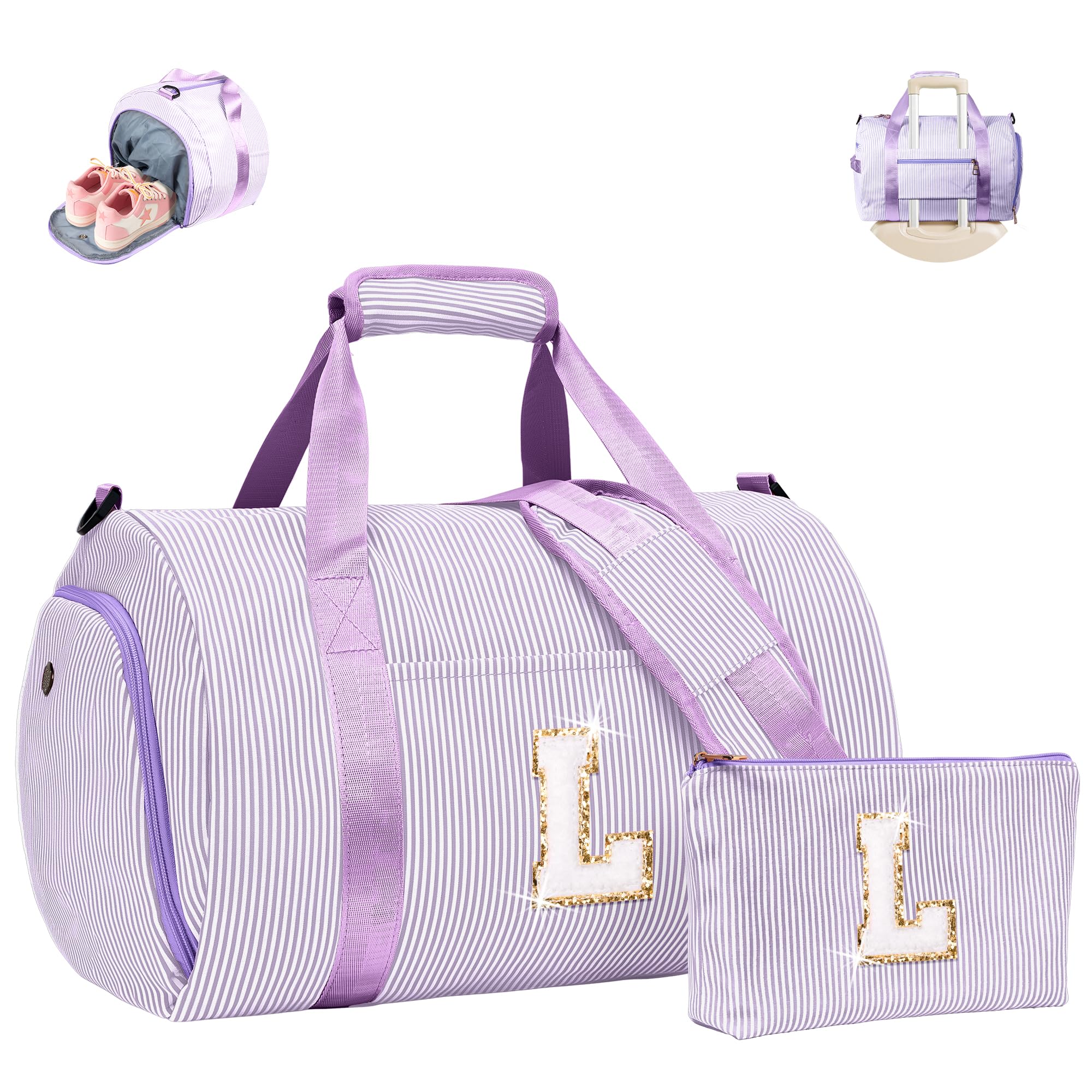 Vogewood Gift for Teenager, Girls Travel Duffle Bag, Kids Initial Overnight Duffel Bags with Shoe Compartment, Personalized Weekender Bag with Makeup Pouch, Teen Girl Gifts Trendy Stuff, Purple, L