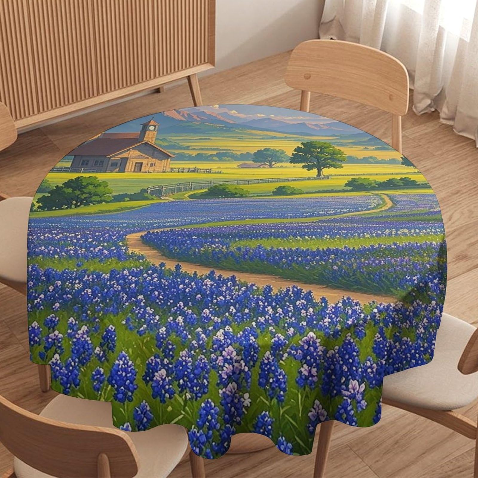 Nappe ronde Texas Bluebonnets lavable pour décoration de table de cuisine
