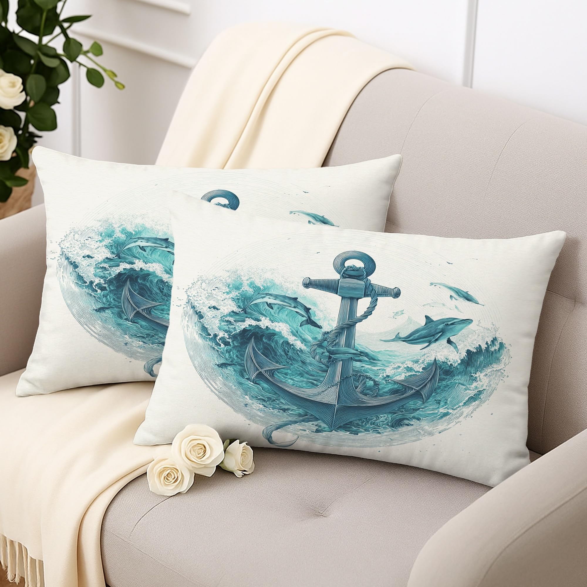 Ocean Anchors Throw Pillow Covers Set of 2, Teal Waves Nautical