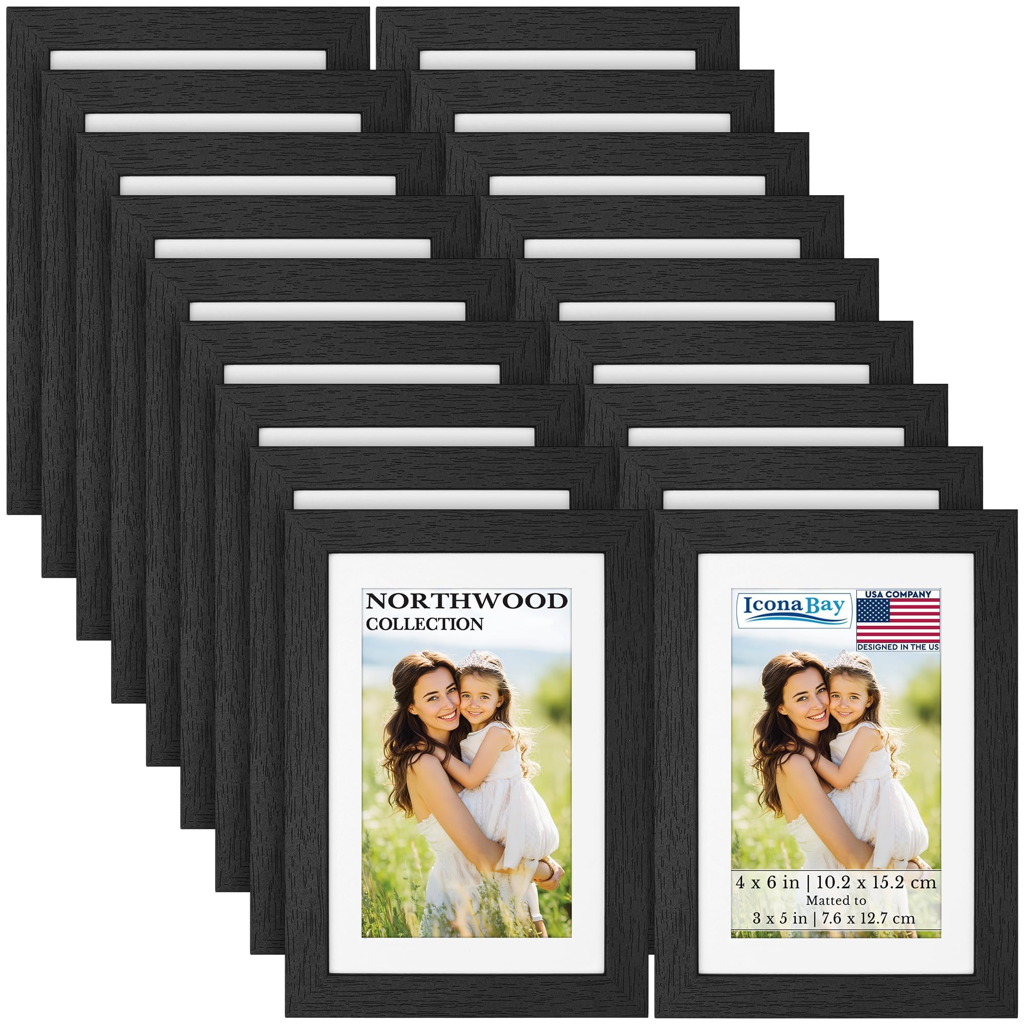 Icona Bay - 4x6 Photo Frames with Removable Mat for 3x5 Pictures - Black Balsam, 18 Pack - Modern Wood Grain Style with Shatterproof Cover Sheet - Tabletop/Wall-Mount - Northwood Collection