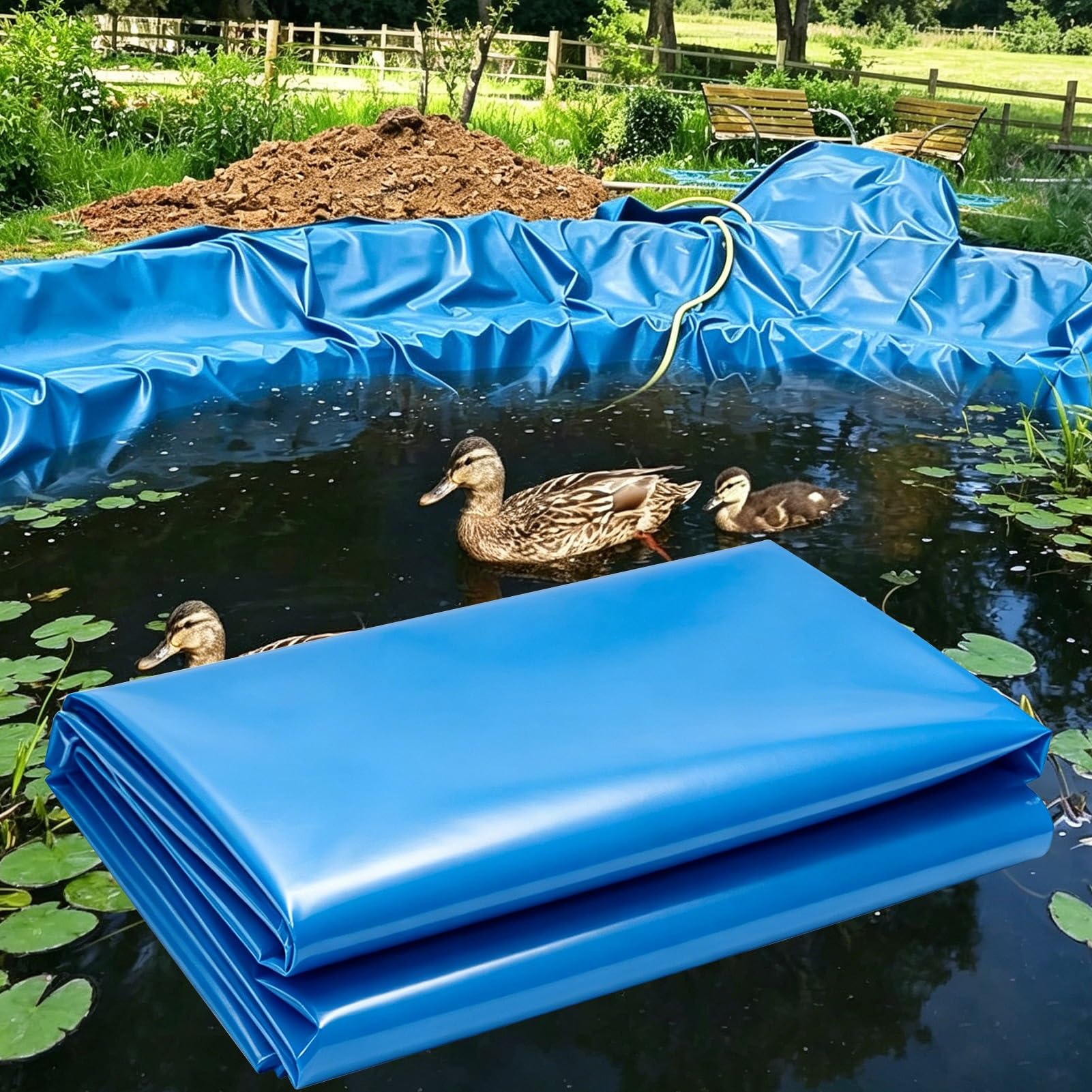 Hamankim Flexible Pond Liner | 3x4m 4x5m 5x5m 6x8m HDPE Impermeable Ponds Underlay Membrane | Damp Proof Pond Lining Gardens Waterscape | Outdoor Tarpaulin, Blue(5x5m(16.4x16.4ft))
