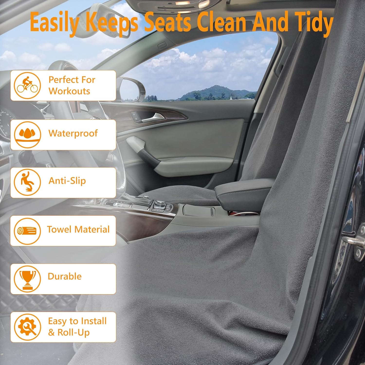 Towel Car Seat Covers - Super Absorbent Front Seat Protectors for Gym, Pets & Travel | Quick-Dry Towel Fabric | Universal Non-Slip Fit for Sedan, SUV, Truck (1 Pack Grey) - Image 5