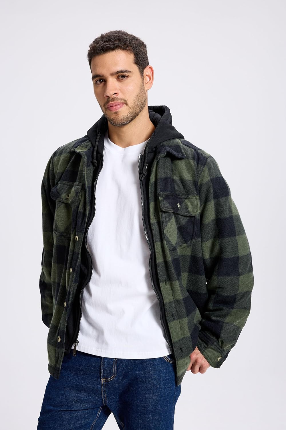 TanBridge Men's Cotton Plaid Shirts Jacket Full Zip Fleece Flannel Sherpa Lined Hoodies Heavyweight Hoodies Jacket for Men - Image 2