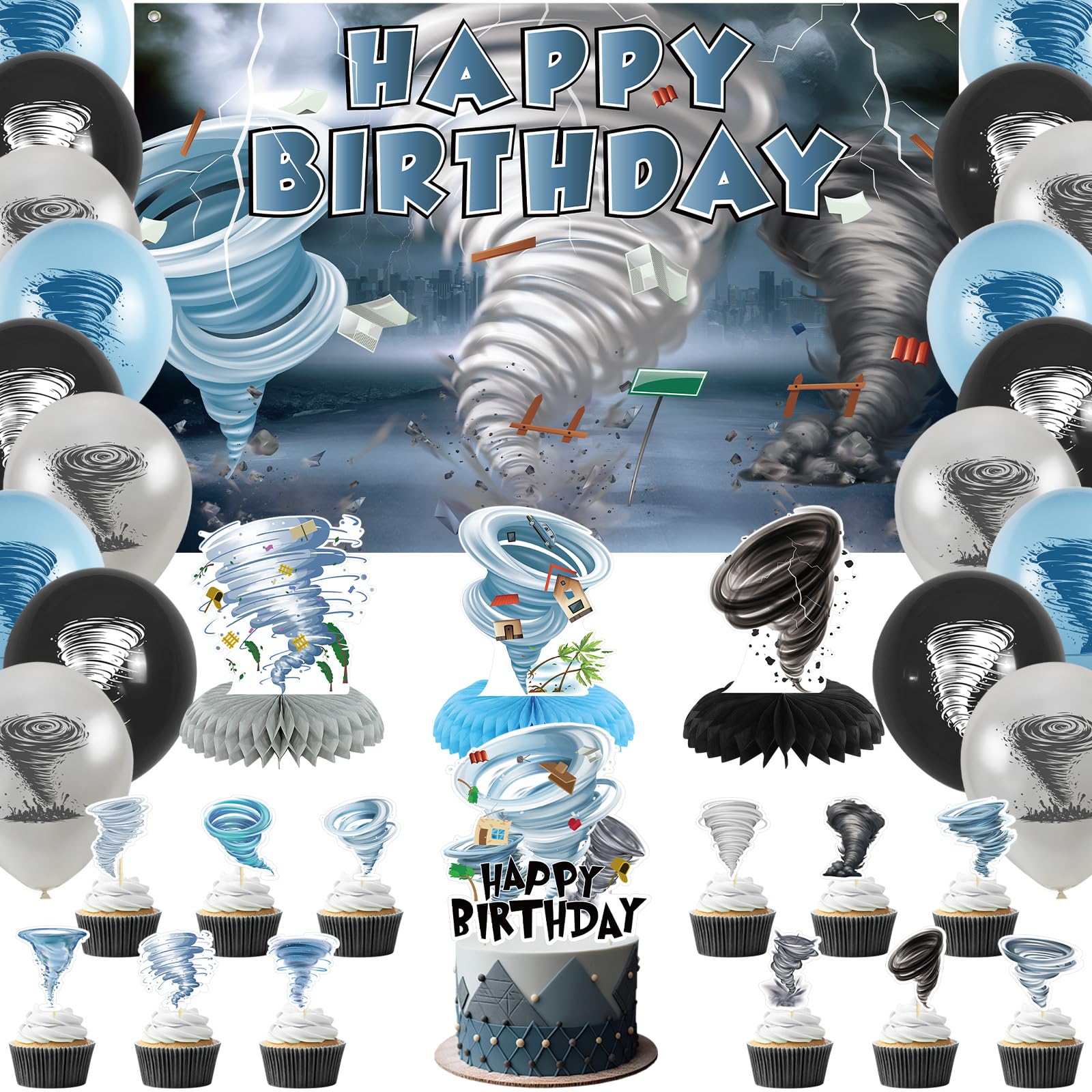 Obussgar Tornado Birthday Party Decorations - Tornado Party Supplies including Happy Birthday Banner, Spirals, Cake Toppers, Table Centerpieces,