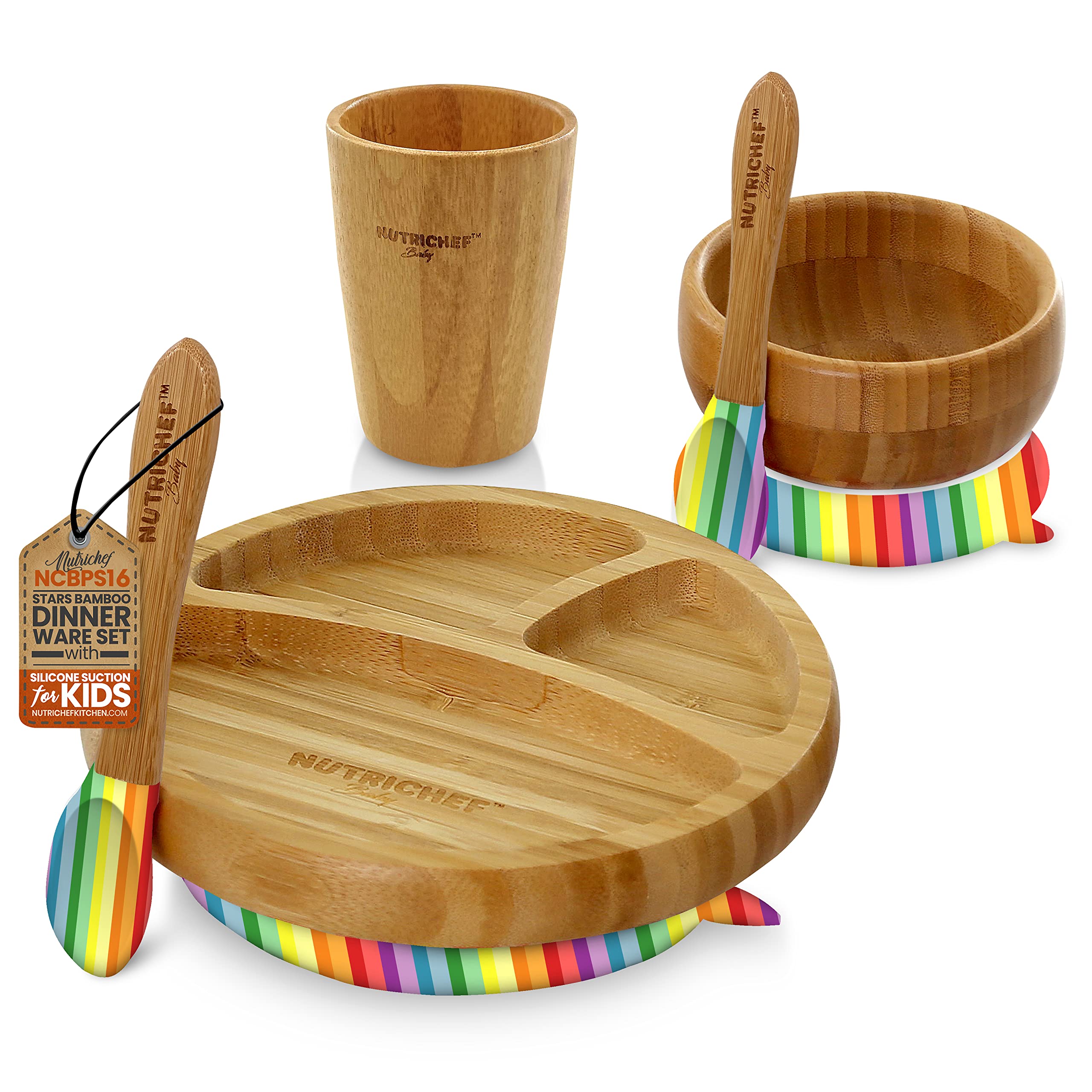 NutriChef Baby Feeding Plate & Bowl, Wooden Suction Plate and Bowl Infant Toddler Dish, Cup, and Spoon Set with Silicone Suction Base for Stay Put Eating, For Children Aged 4-72 Months(Rainbow), Small