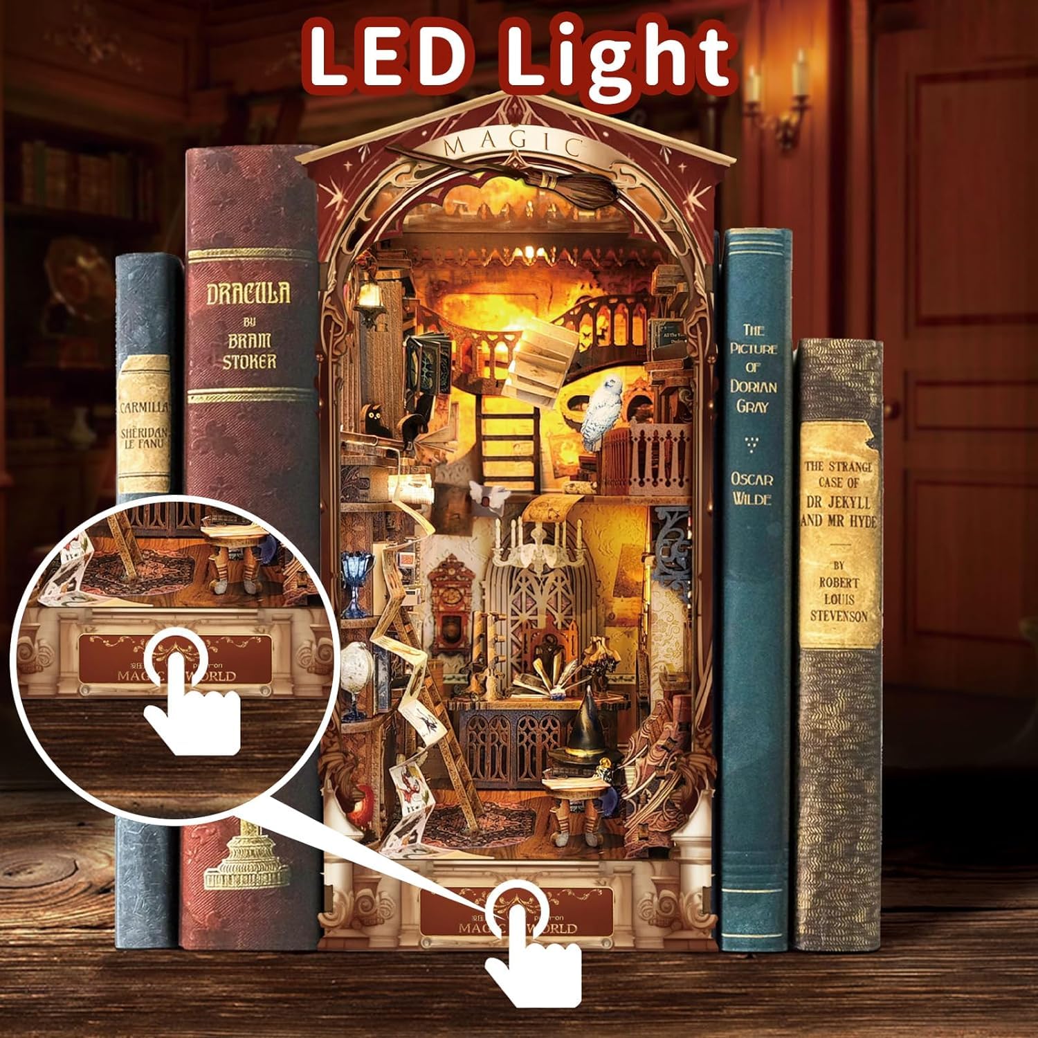 Firelight Library Book Nook DIY Kit - 3D Miniature House Puzzle With Glowing Fireplace, For Shelf Decor