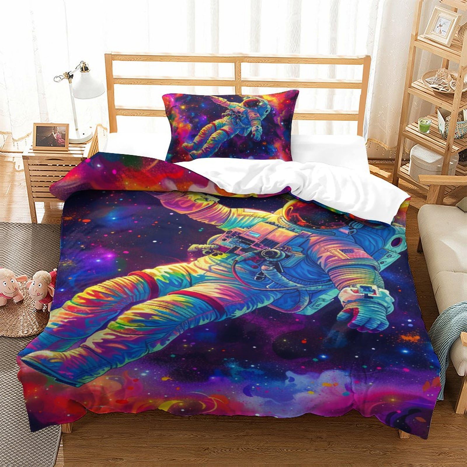 Housse de couette astronaute 135x200 microfibre avec taie d'oreiller pour lit simple