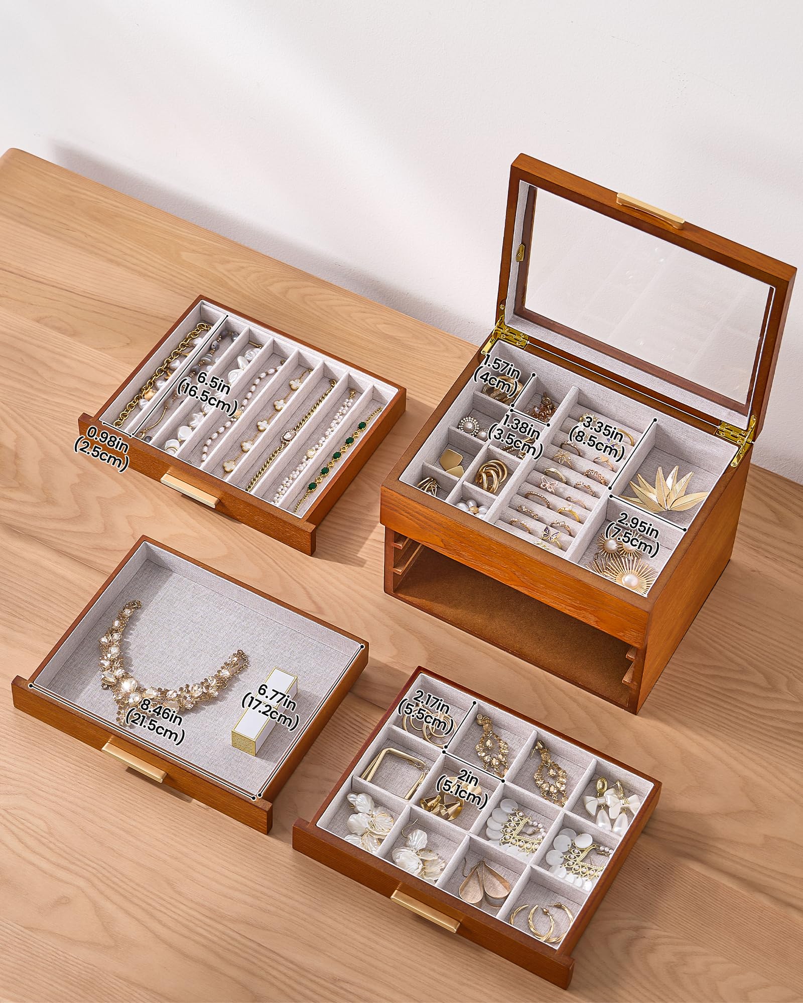 Lolalet Joyero de Madera, Cofre Organizador con Ventana Transparente, Caja para Collares, Pulseras, Pendientes y Anillos -Caja Elegante para Regalo y Almacenamiento– Cereza, 4 Capas