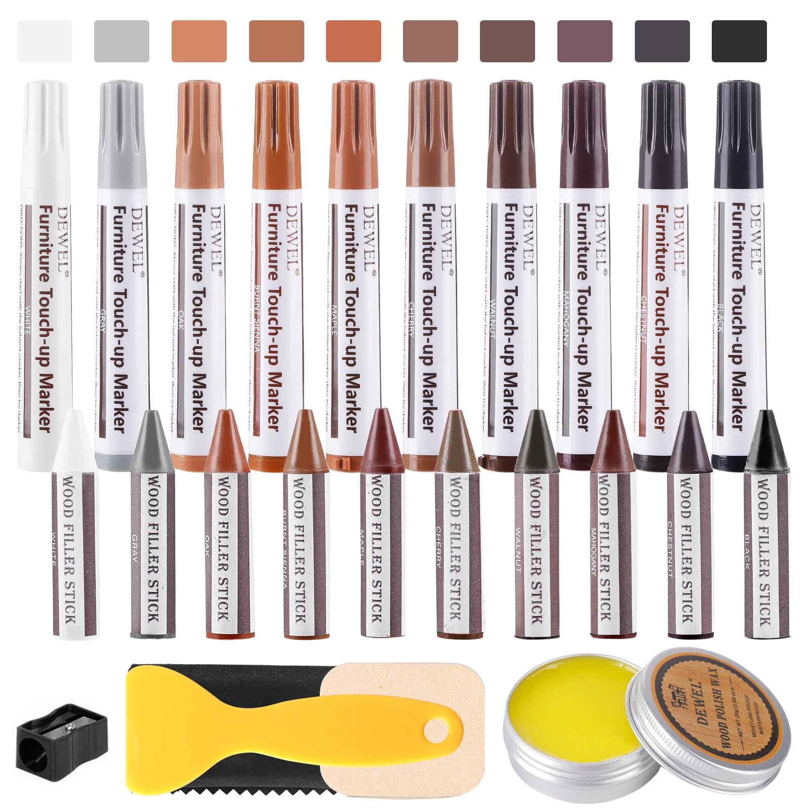 DEWEL Wood Markers Furniture Repair Kit, 10 Color Furniture Markers Touch Up with Wood Filler Sticks and Wood Polish Wax, Wood Scratch Repair Kit for Laminate Floor, Cabinet, Wooden Door