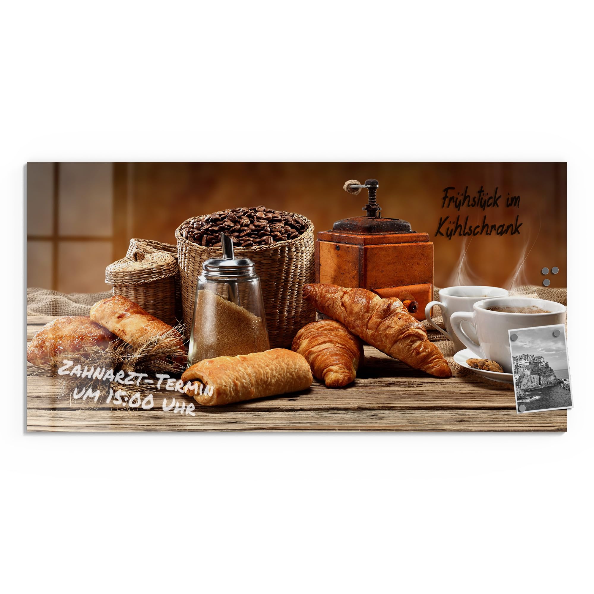DEQORI Szklana tablica magnetyczna | wymiary 100 x 50 cm | motyw "Przyjemna przerwa" | tablica do notatek ze szkła | tablica magnetyczna z magnesami, długopisem i chusteczką do kuchni i biura |