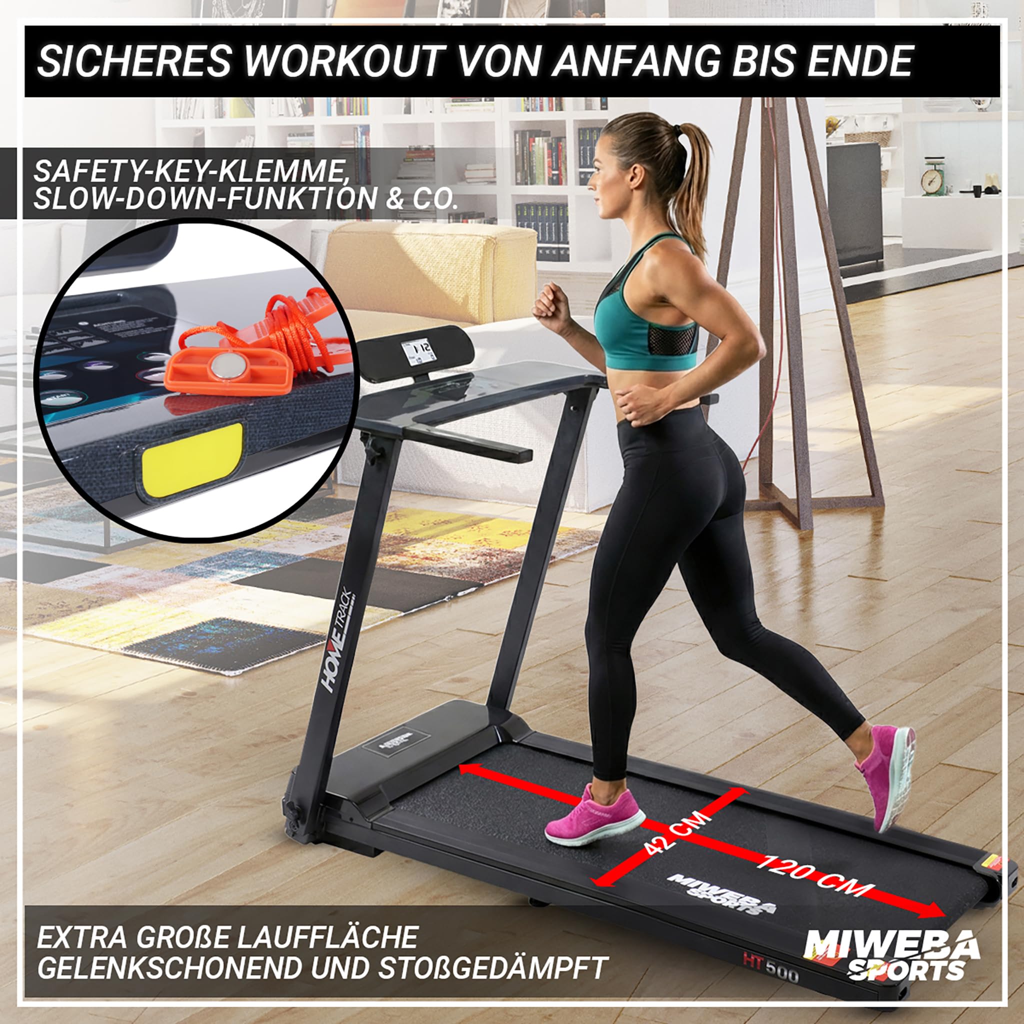 Miweba Sports elektrisches Laufband HT500 | 3 PS - 14 Km/h - Traglast 120.0 Kg - Klappbar - Große Lauffläche - LCD-Display - 12 Programme - Elektro-Laufband - Fitnessgeräte für Zuhause - Fitness