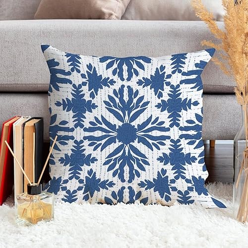 Miniatura 3 de MangGou Funda de cojín cuadrada con diseño de enrejado azul índigo, diseño de flores azul marino, funda de almohada cuadrada para sofá, funda de
