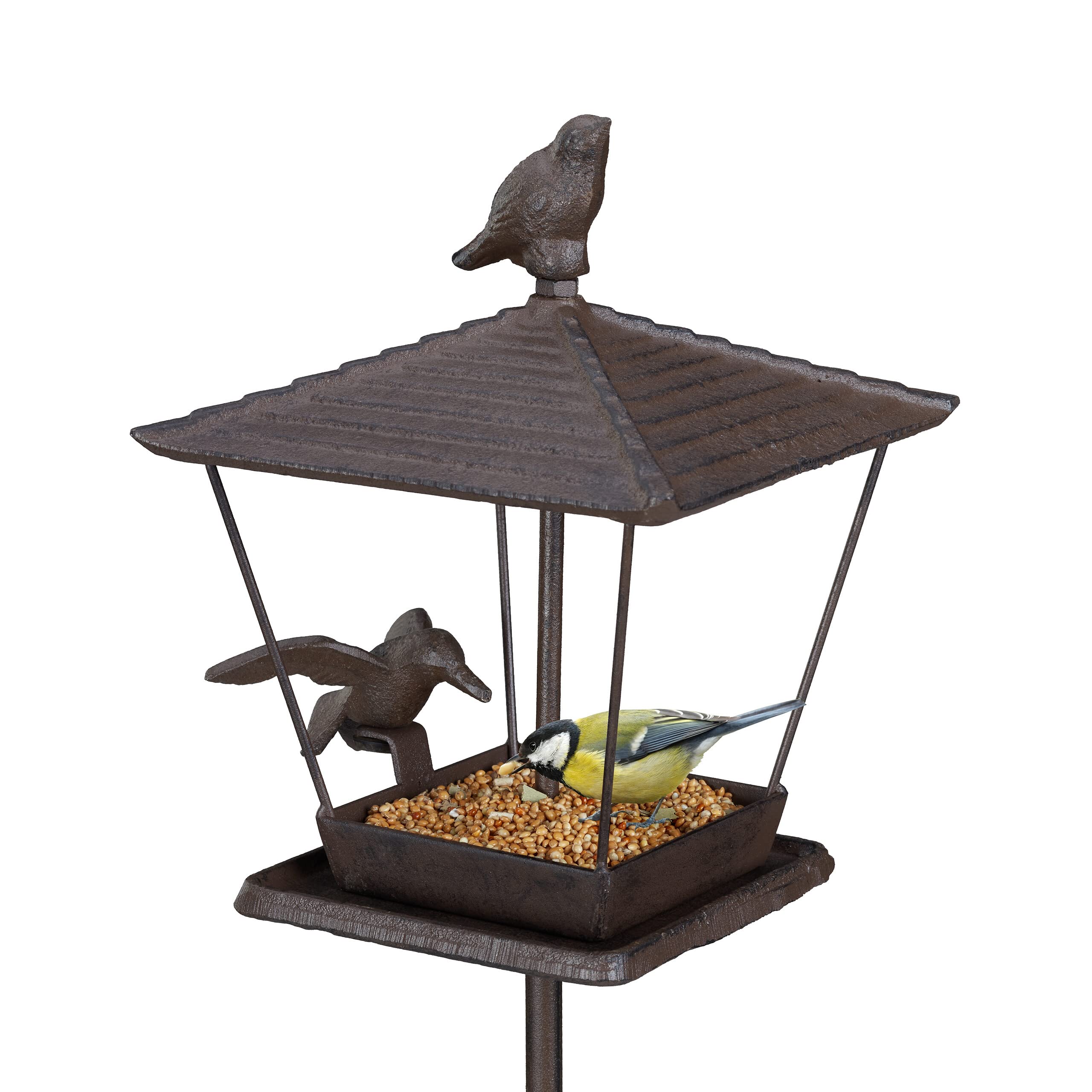 Relaxdays Bird Feeder with Ground Spike, Cast Iron, Feeding Station, HWD: approx. 115 x 15 x 16 cm, Birdhouse, Brown