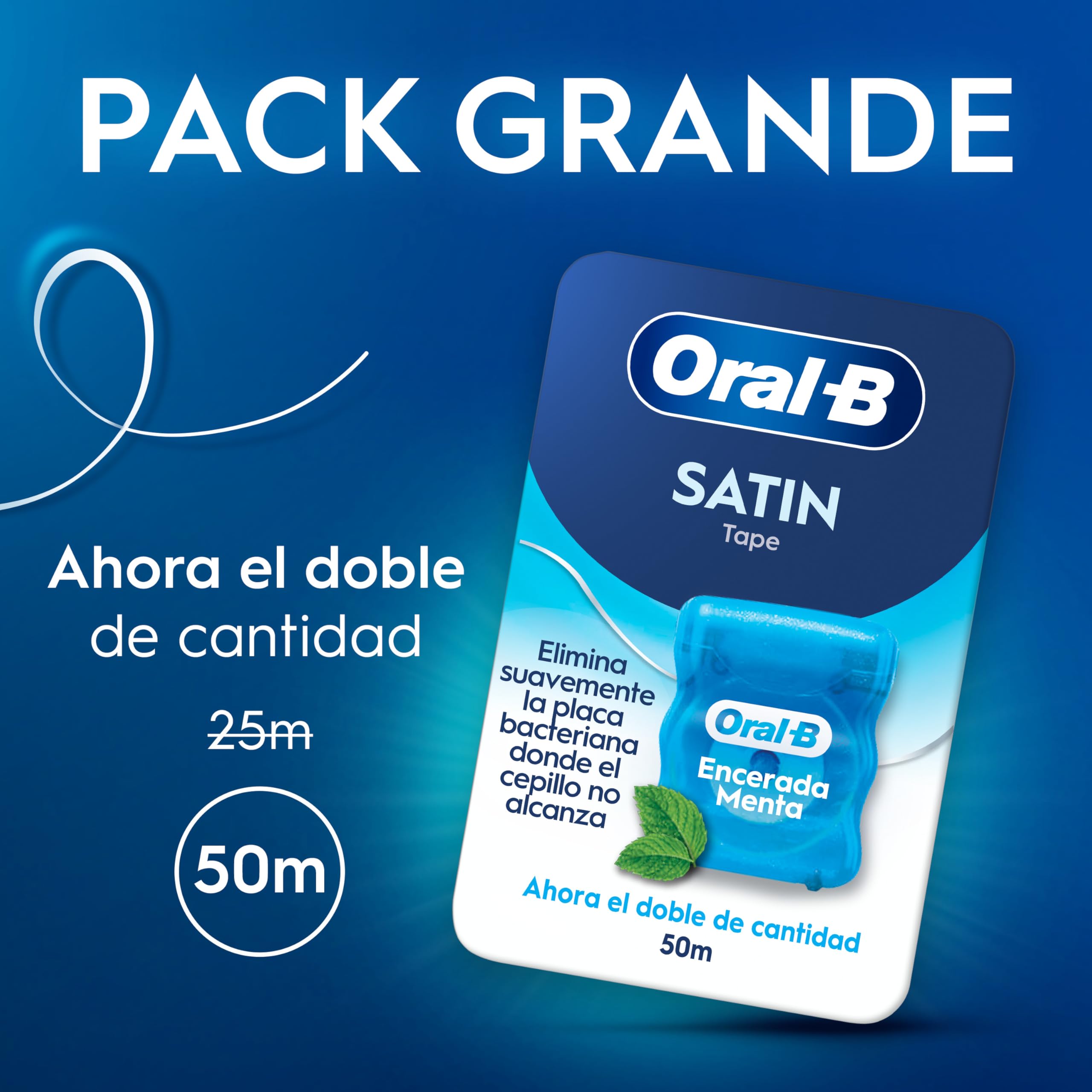 Oral-B Satin Tape Hilo Dental Encerado Para Espacios Estrechos, Seda Dental Con Sabor a Menta, Limpia Entre Los Dientes y Reduce La Placa, Cinta Dental Con Cera, Rollo De 50m — view 6