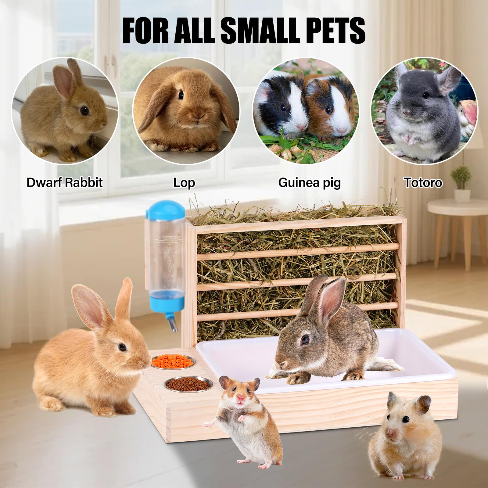 4 in 1 Großer Kaninchen Heu Feeder mit Katzentoilette Holz Futterautomat aus Holz mit 2 Näpfen Hase Toilette für Kaninchen Meerschweinchen Chinchilla Hase Andere Kleintiere