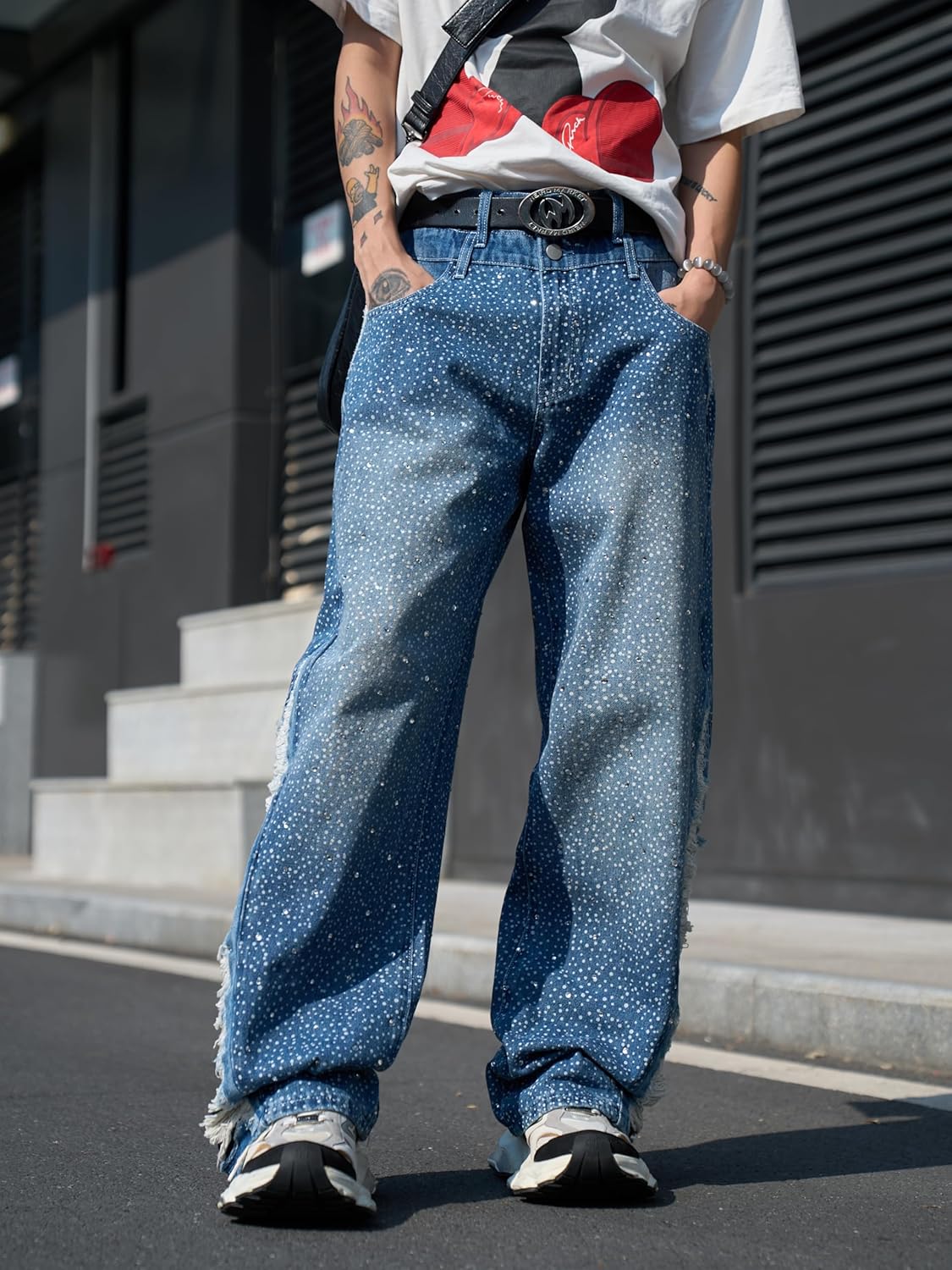 メンズ ラインストーン ジーンズ ヴィンテージ バギー キラキラ パール キラキラ ジーンズ シック ワイドレッグ デニムパンツ レ