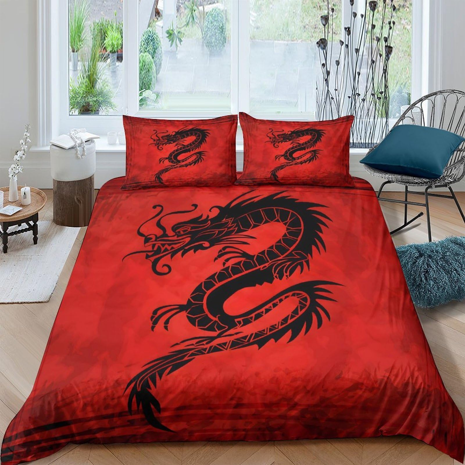 Ctjqhvkz Style-5 3D Printed Red Dragon Fitted Sheet Microfiber Deep Black Serpent Mattress Cover Non-Slip Bedroom Home Decor Single（135X200cm）