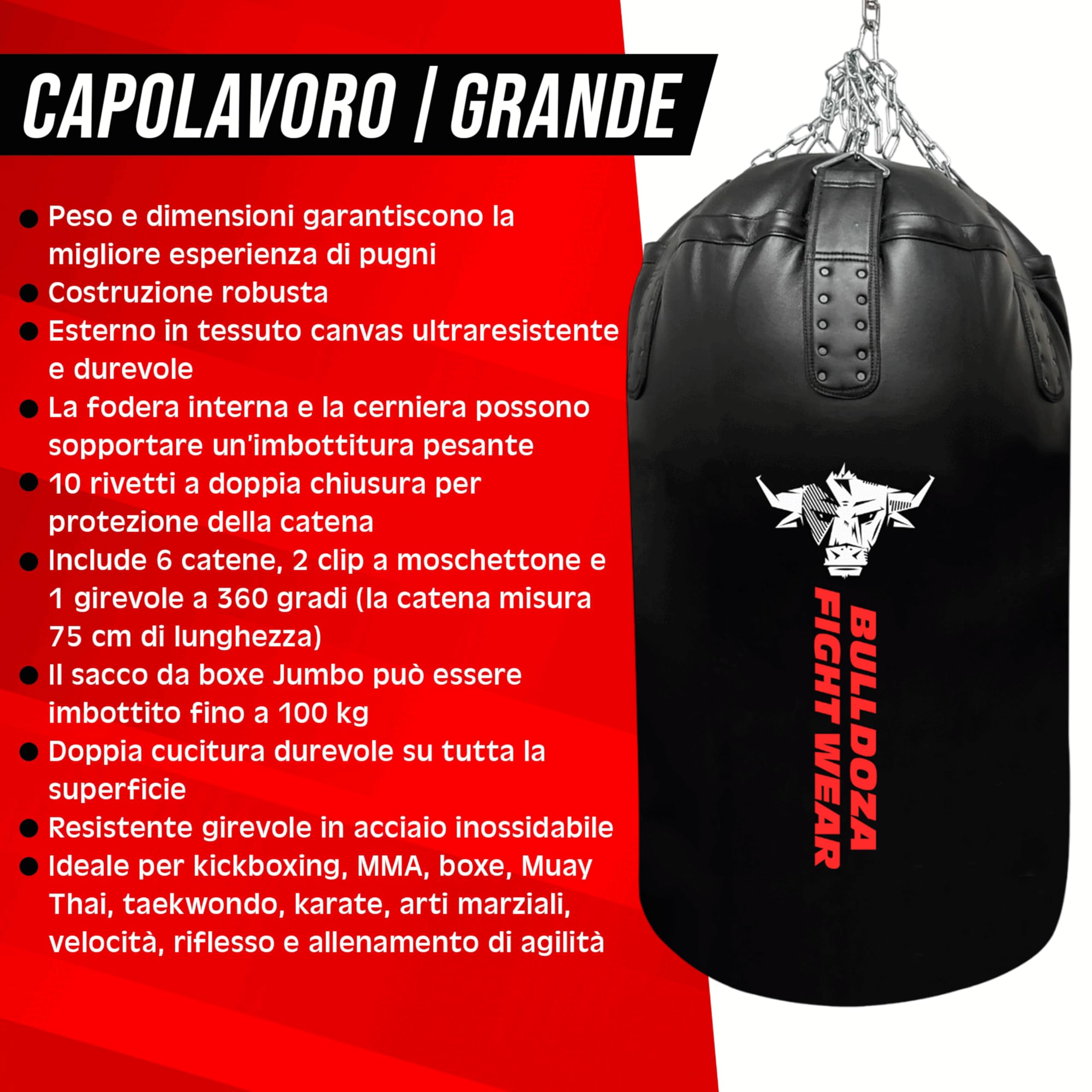Jumbo - Sacco da boxe XXL con catena sospesa, girevole, moschettoni, per MMA, kickboxing, Muay Thai, arti marziali