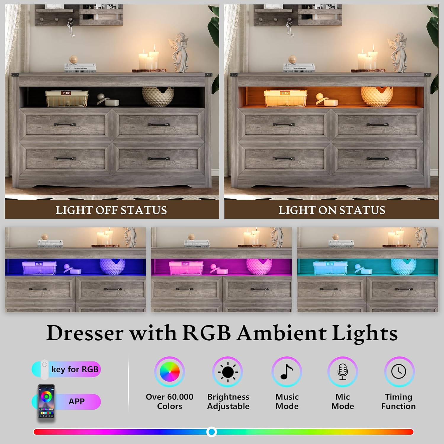 Dresser for Bedroom with 4 Drawers, Farmhouse Chest of Drawers with Natural Texture and LED Lights, Wide Wood Rustic Closet Storage Organizer, Modern Dresser TV Stand for Living Room, Entryway, Grey - Image 4