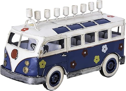 Menorá de Janucá Vintage Van Fun para velas estándar de Hanukah y la mayoría de vasos de aceite Diseño novedoso 6.5 pulgadas de alto x 10