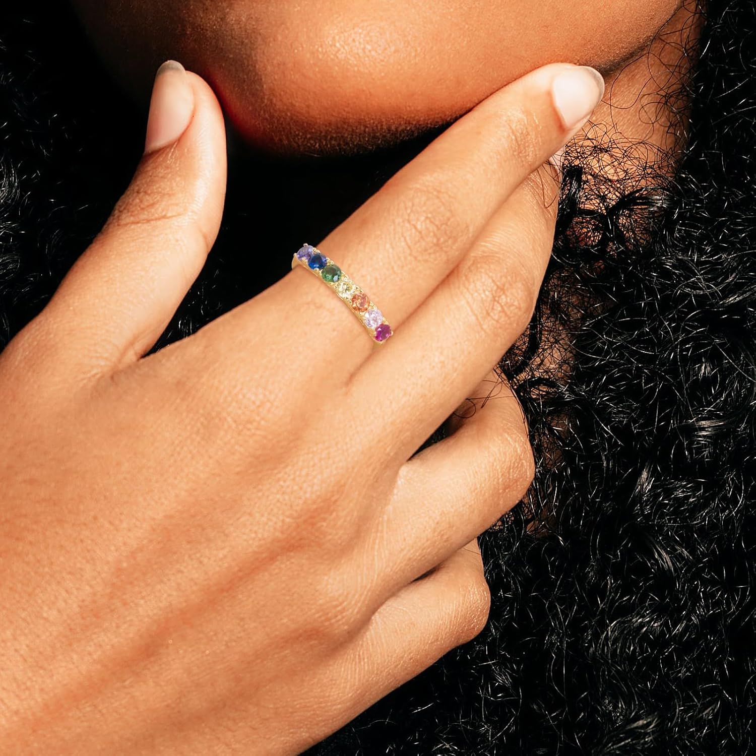 E Gold Rings for Women, 14K Gold Plated Rainbow Band Rings Eternity Thumb Rings Wedding Round Cubic Zirconia CZ Rings Dainty Colorful Rings Jewelry Gifts for Her - Image 6