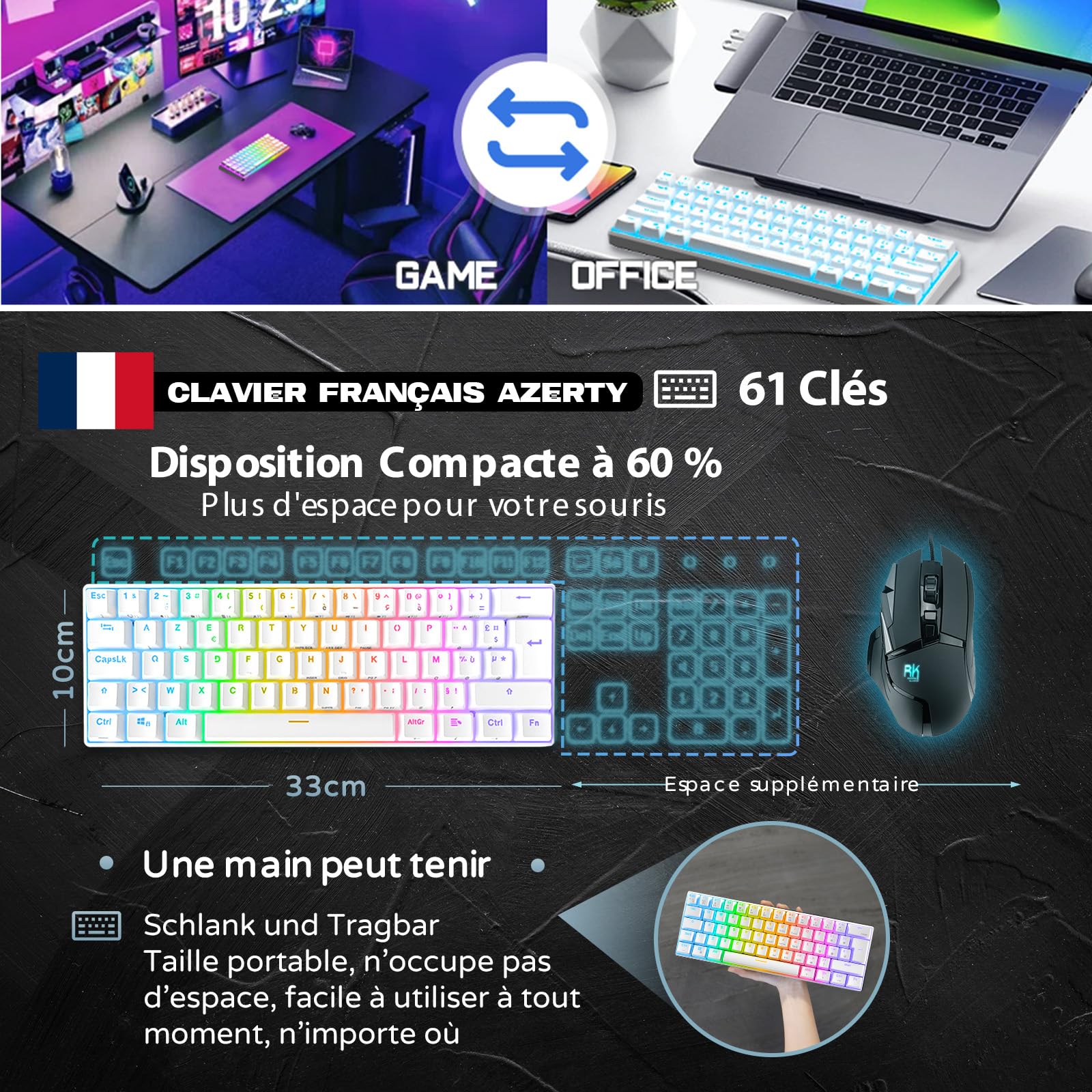 RK ROYAL KLUDGE RK61 Clavier sans Fil, AZERTY 60% Clavier Gaming Mecanique, Rétroéclairage RGB par Touche Personnalisable, Touches à Double Injection Interrupteur Marron échangeable à Chaud, Blanc