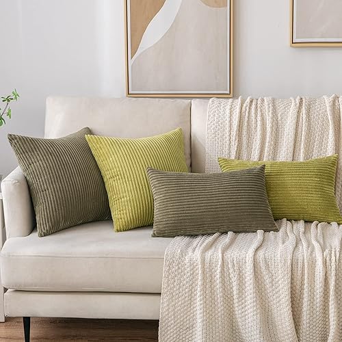 Miniatura 4 de EMEMA - Juego de 2 fundas de almohada decorativas de pana suave con rayas, fundas de cojín rectangulares para primavera, para sofá, dormitorio,