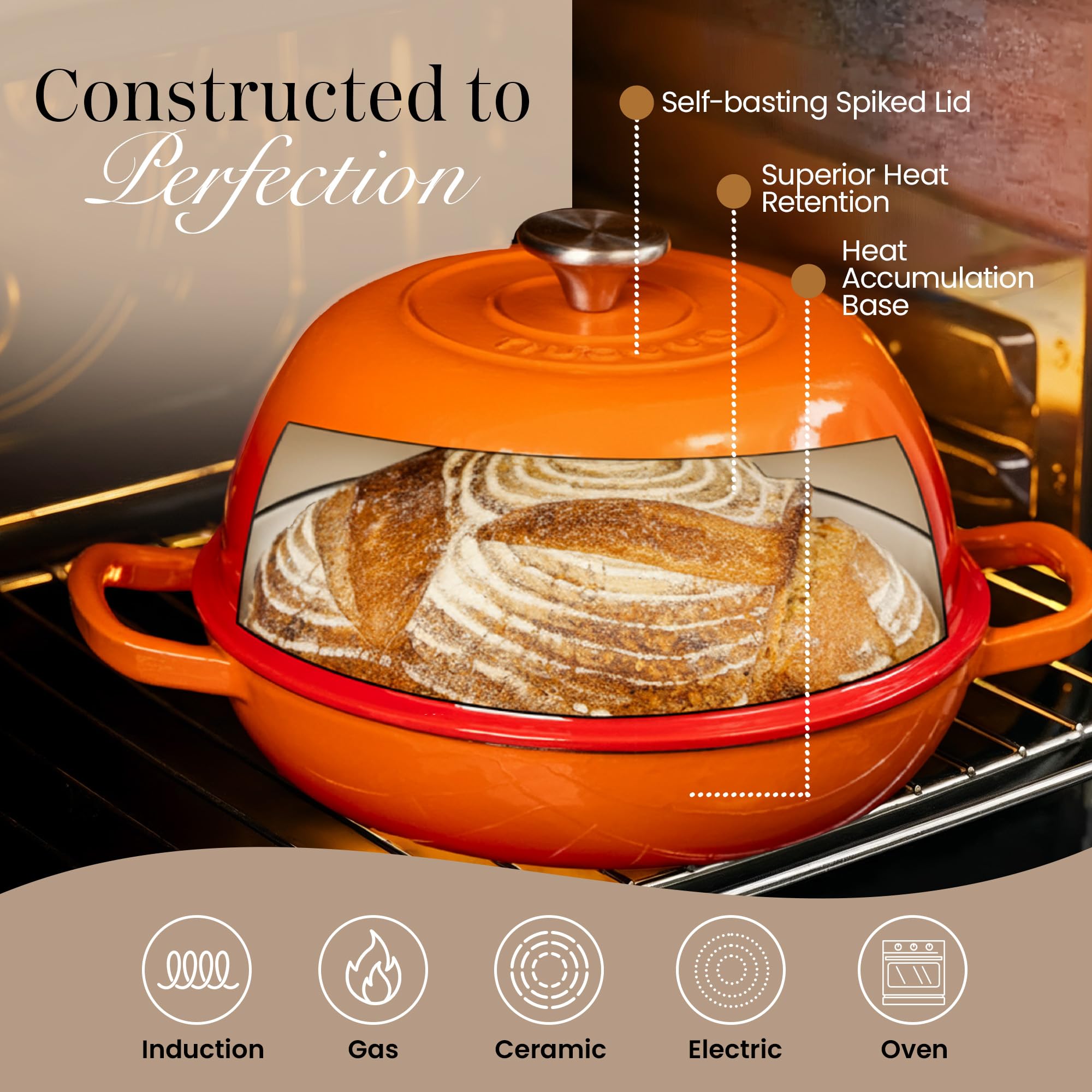 Emaillierter Gusseisen Bräter – Dutch Oven für Sauerteig Brotbacken – Brotbacktopf aus Gusseisen – Orange, 6L, 22cm – von Nuovva
