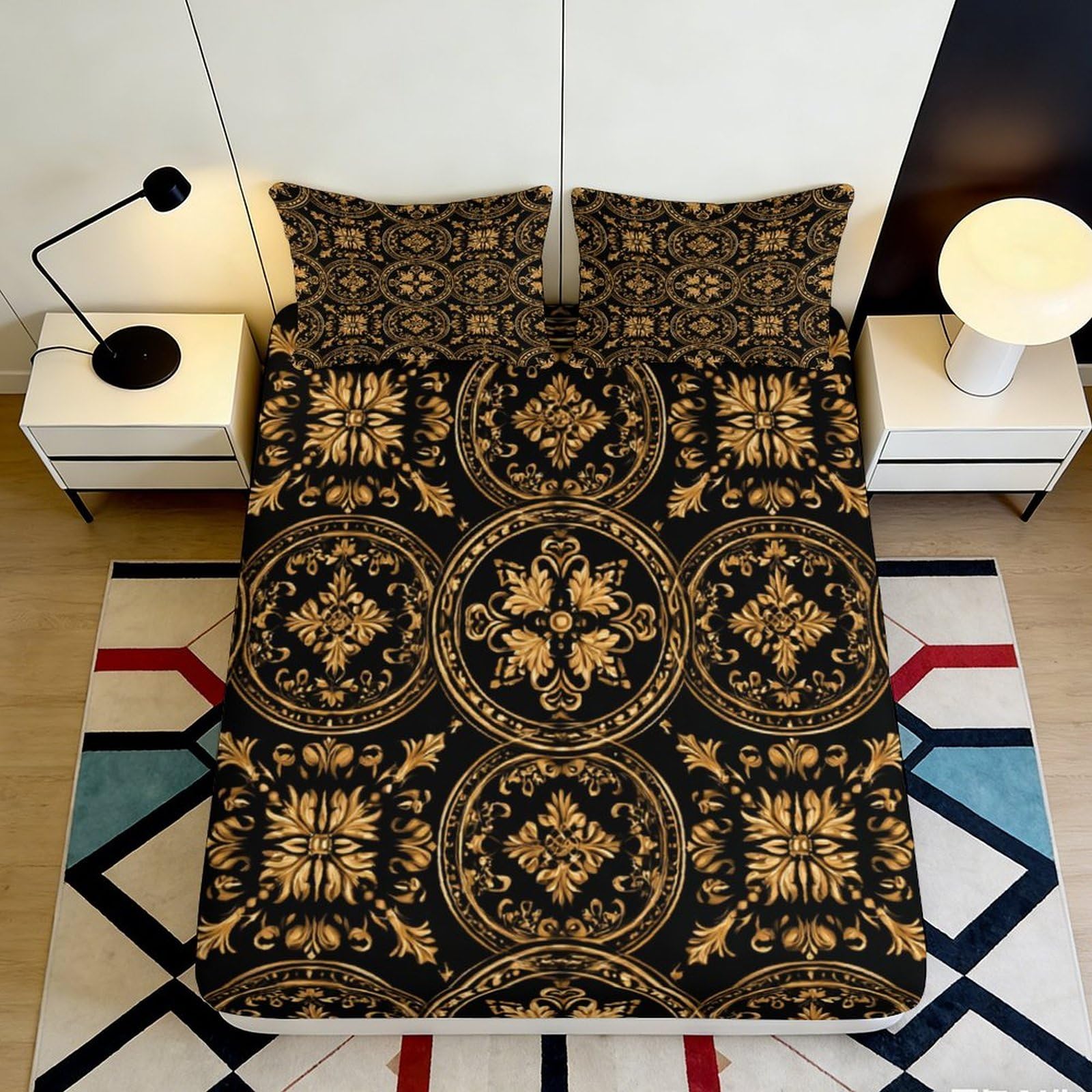3D Printed Baroque Floral Fitted Sheet Microfiber Soft Gold Black Mandala Mattress Cover for Bedroom Guest Room Decor 90x200x25cm