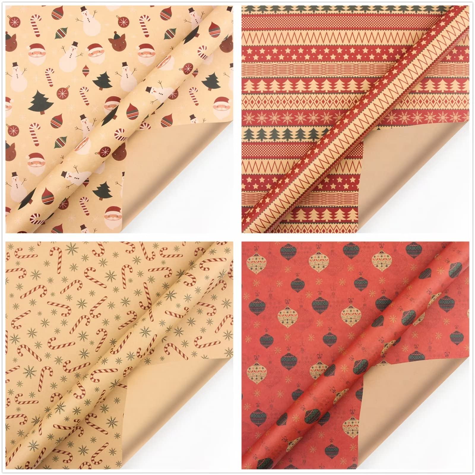 6 Rollen Weihnachts-Geschenkpapier, Kraftpapier, Büffelkariert, Geschenk, Schneeflocke, Ball, Baum, Schneemann, Weihnachtsmann, Geschenkpapier mit Schnur, Aufkleber für Urlaub, Party, 27,6 x 39,3 pro
