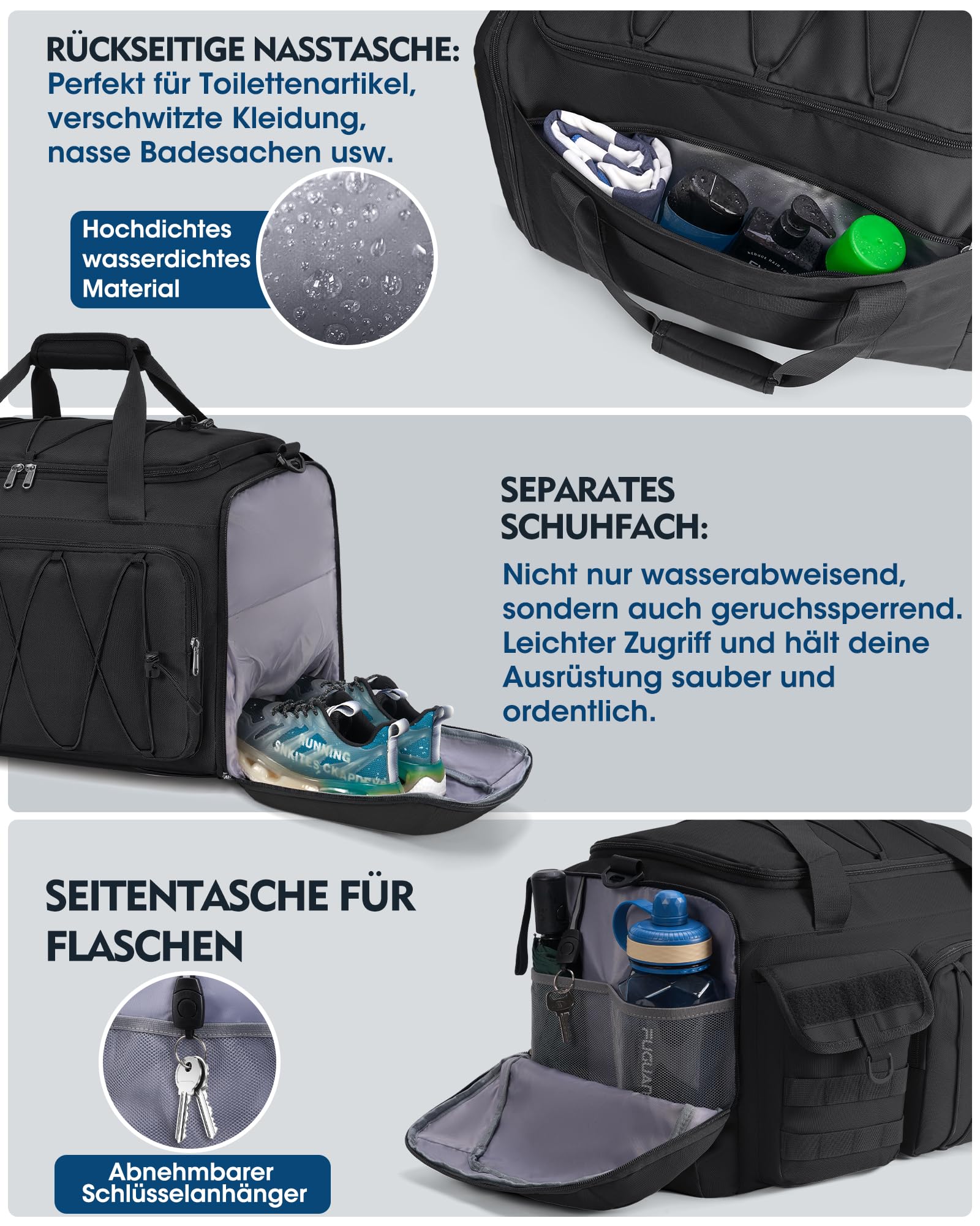 RAINSMORE 45L Sporttasche Herren Damen, 3-IN-1 Reisetasche mit Schuhfach Nassfach, Wasserdicht Gym Duffle Bag Trainingstasche für Outdoor, Fitness, Reisen Schwarz