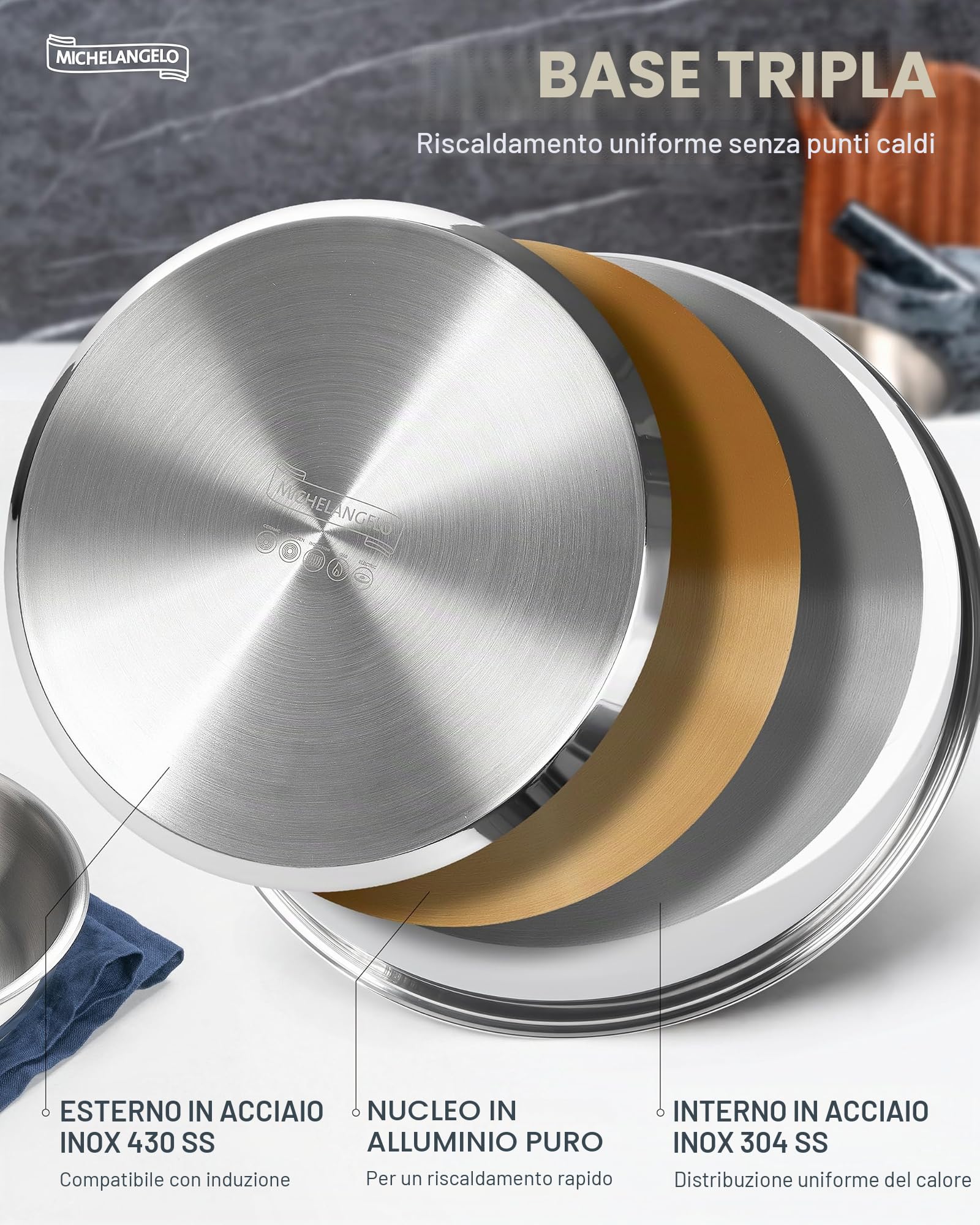 MICHELANGELO Set di padelle in acciaio inox con manico rimovibile, base tripla, compatibile con induzione, 20,3 cm, 24,1 cm e 28 cm