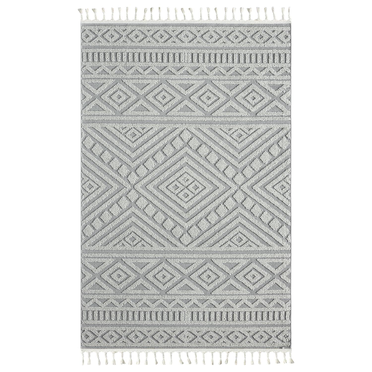 VIMODA Teppich Boho Wohnzimmer, Schlafzimmer, Fransen Skandinavisch, Waschbarer Teppich 3D, Farbe:Grau, Maße:120x170 cm